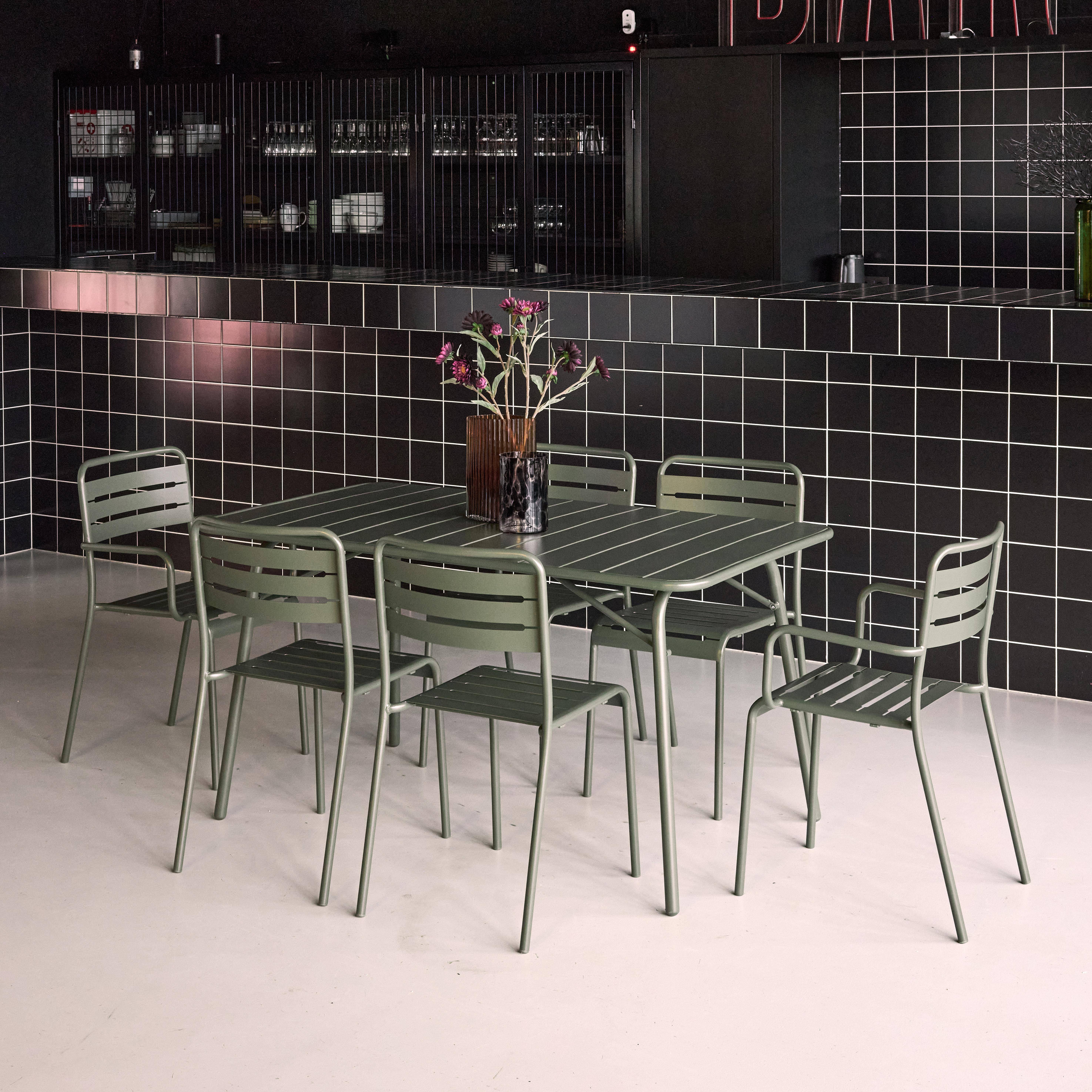 Mesa de jardín plegable de metal con 2 sillones y 4 sillas, Amelia, Verde kaki, 141.2x80x72.5 cm,sweeek,Photo2