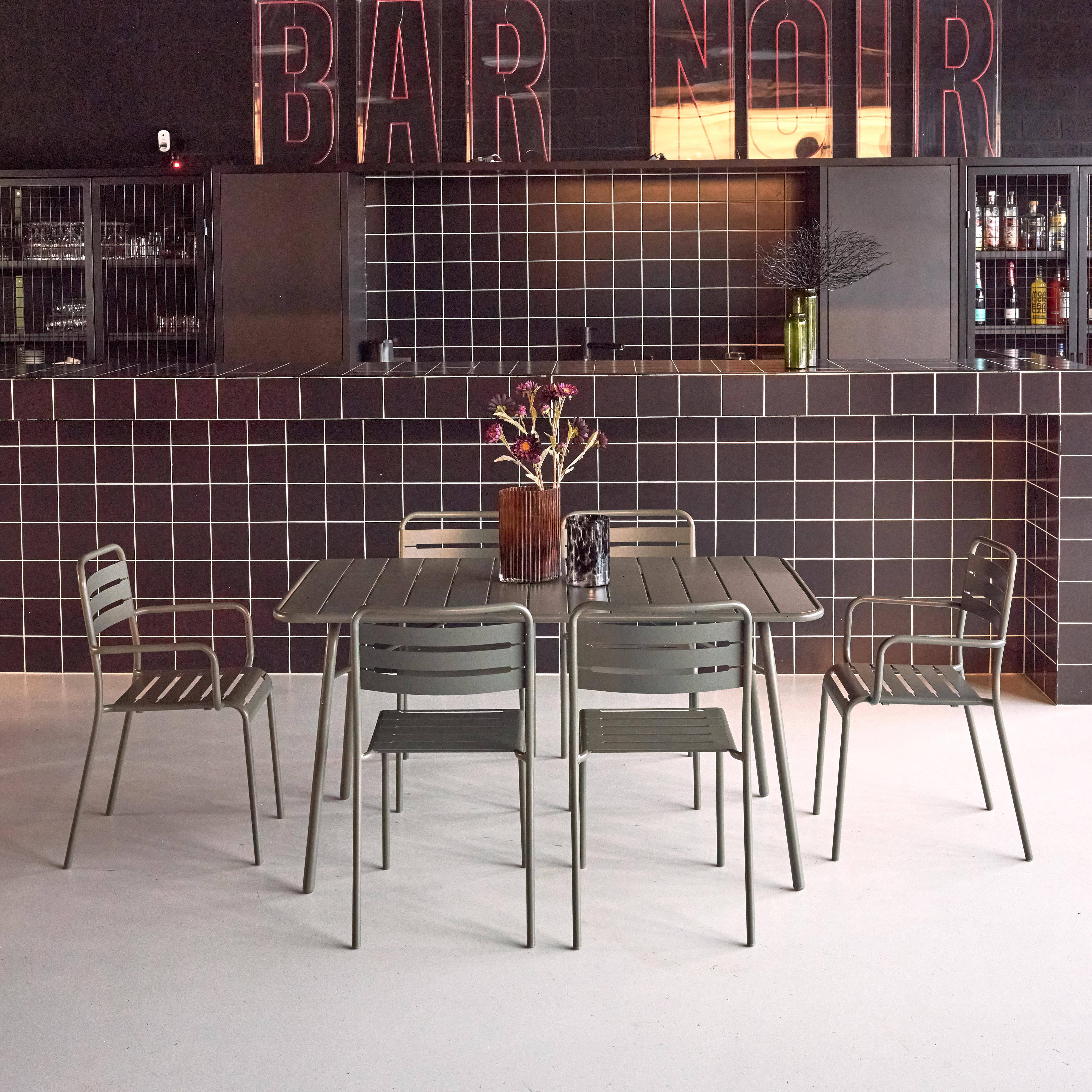 Mesa de jardín plegable de metal con 2 sillones y 4 sillas, Amelia, Verde kaki, 141.2x80x72.5 cm,sweeek,Photo1