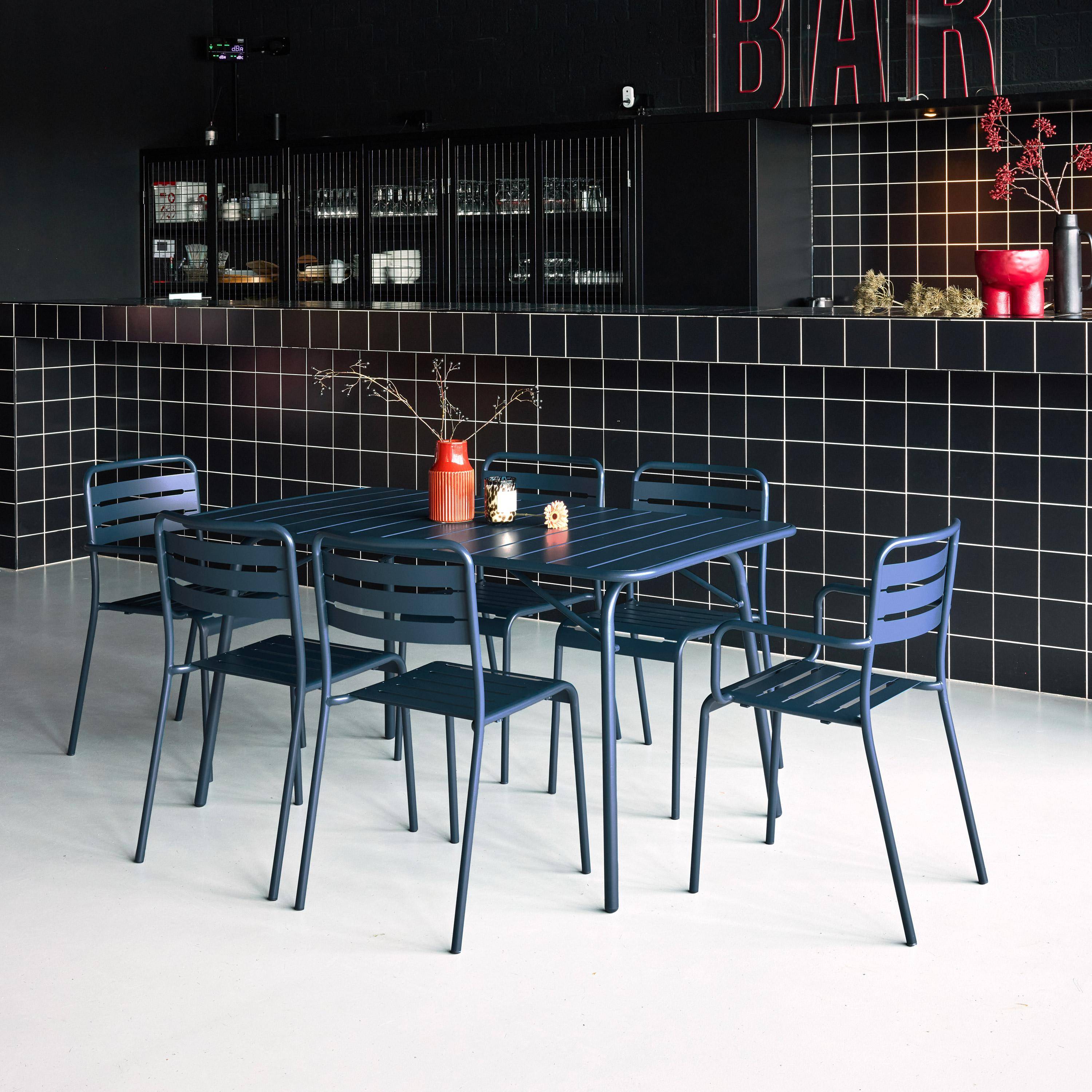 Klappbarer Gartentisch aus Stahl mit 2 Sesseln und 4 Stühlen, marineblau, 141,2 x 80 x 72,5 cm - Amelia Photo2