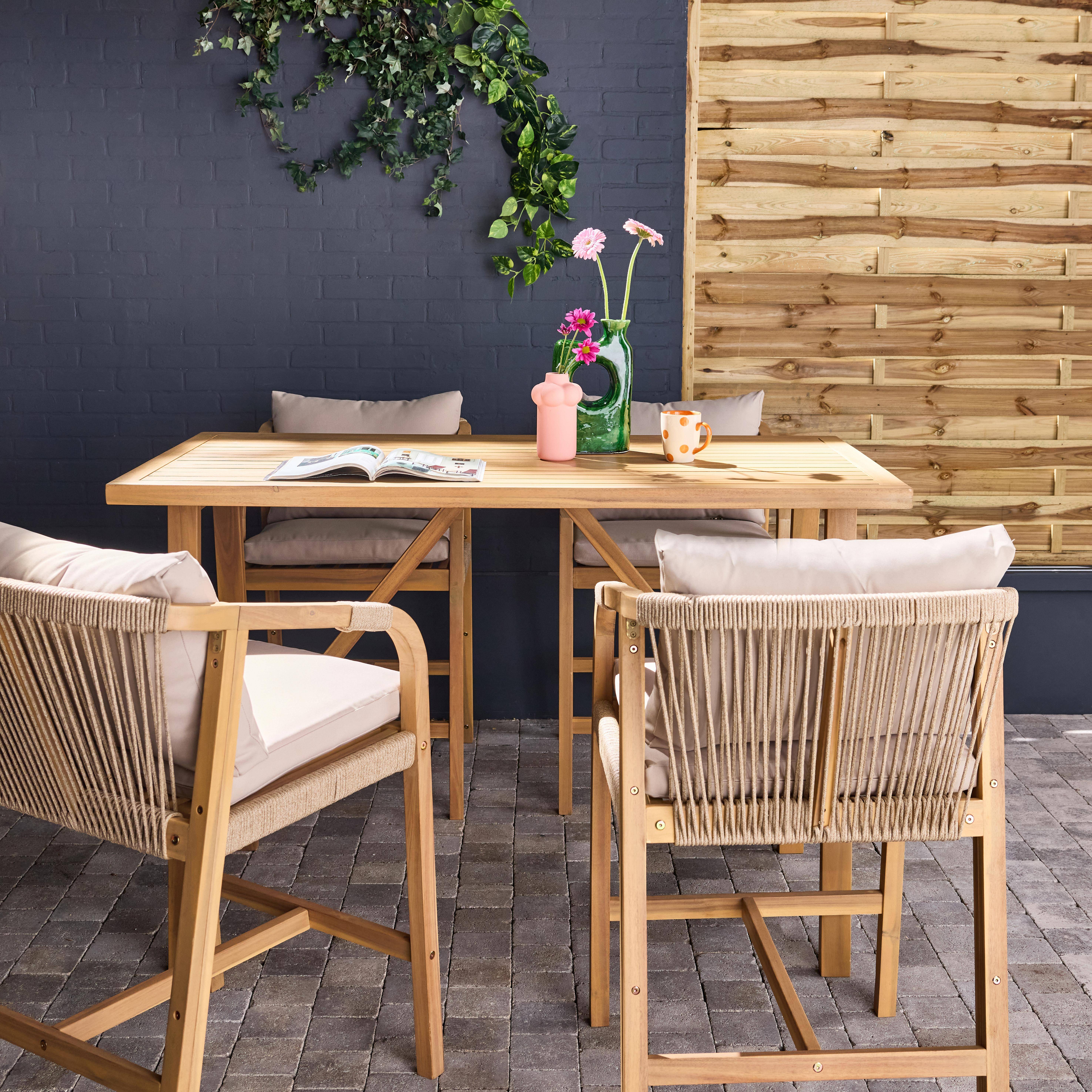 Table haute de jardin bois d'acacia 4 fauteuils Paloma et Zahara naturel 150 x 81 x 100 cm Photo3