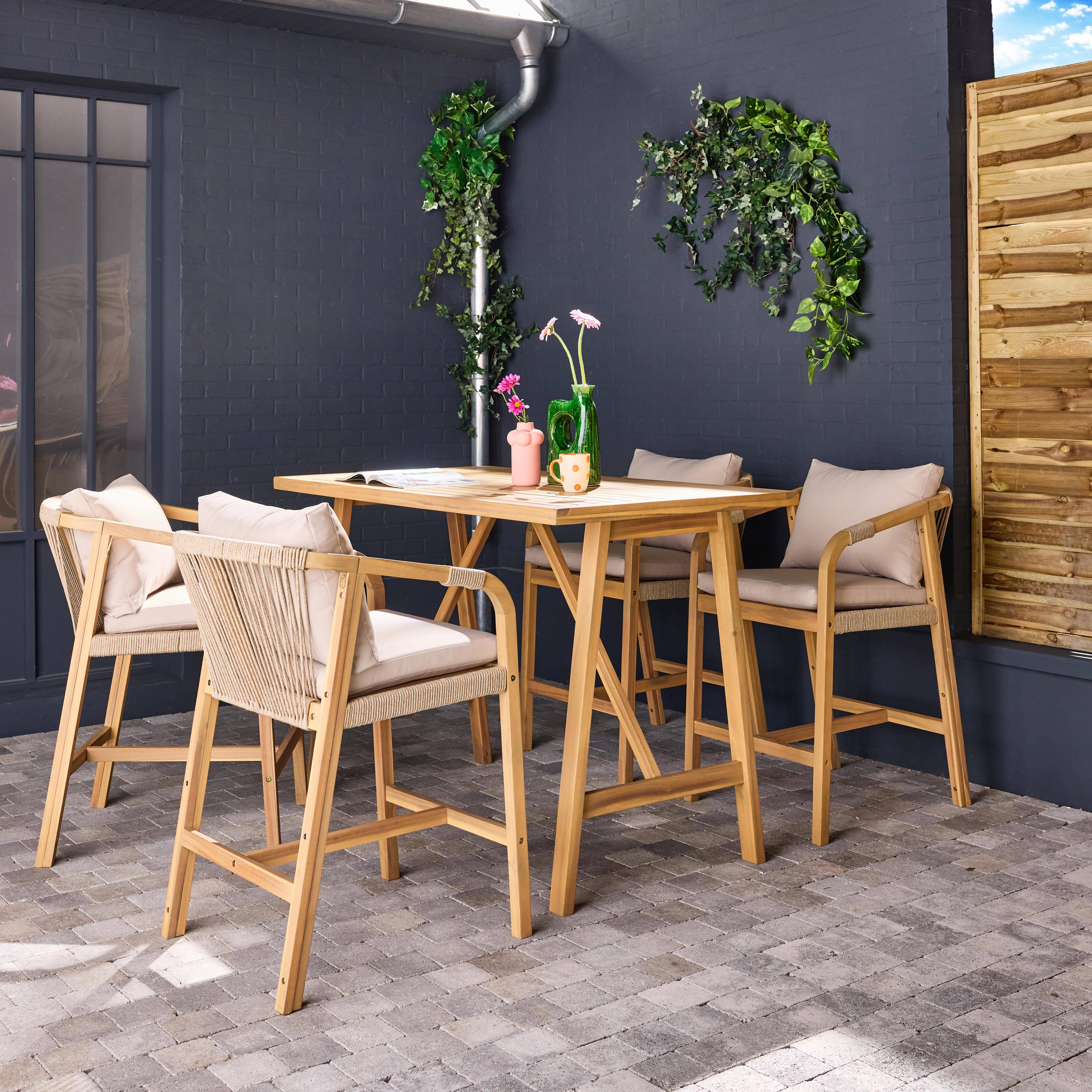 Table haute de jardin bois d'acacia 4 fauteuils Paloma et Zahara naturel 150 x 81 x 100 cm Photo2