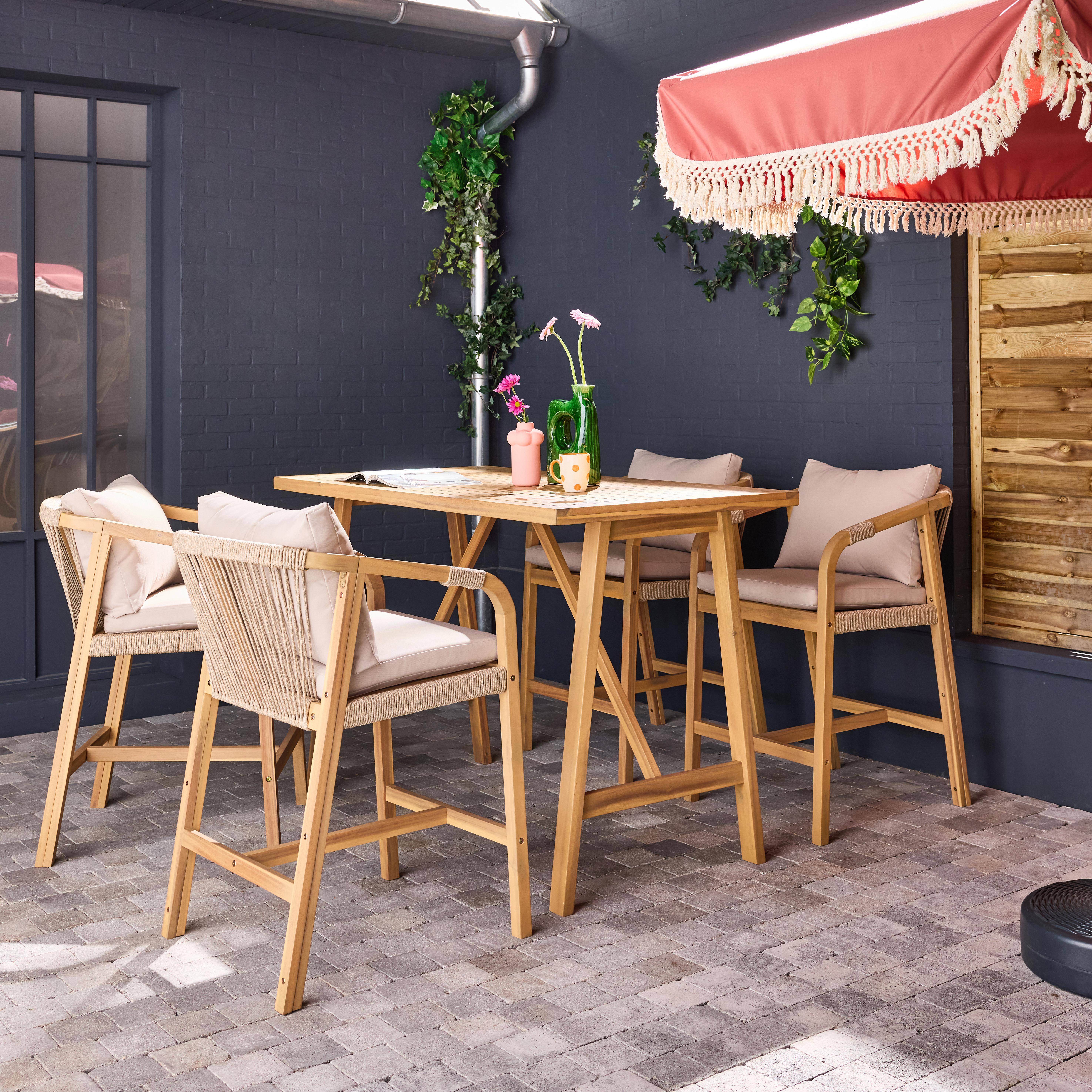 Table haute de jardin bois d'acacia 4 fauteuils Paloma et Zahara naturel 150 x 81 x 100 cm Photo1