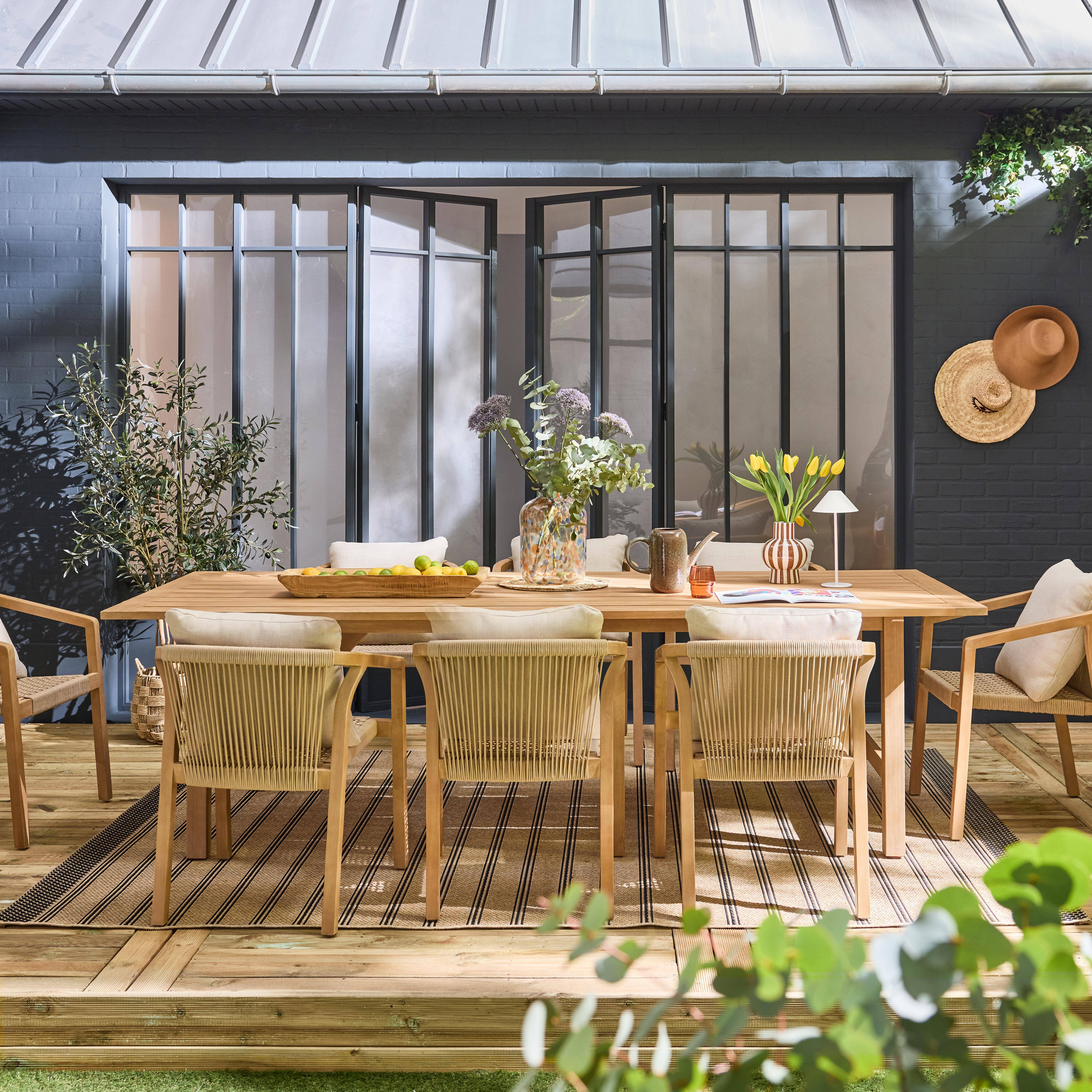 Tuinset van eucalyptus hout en touw, 8 beige stoelen Photo1