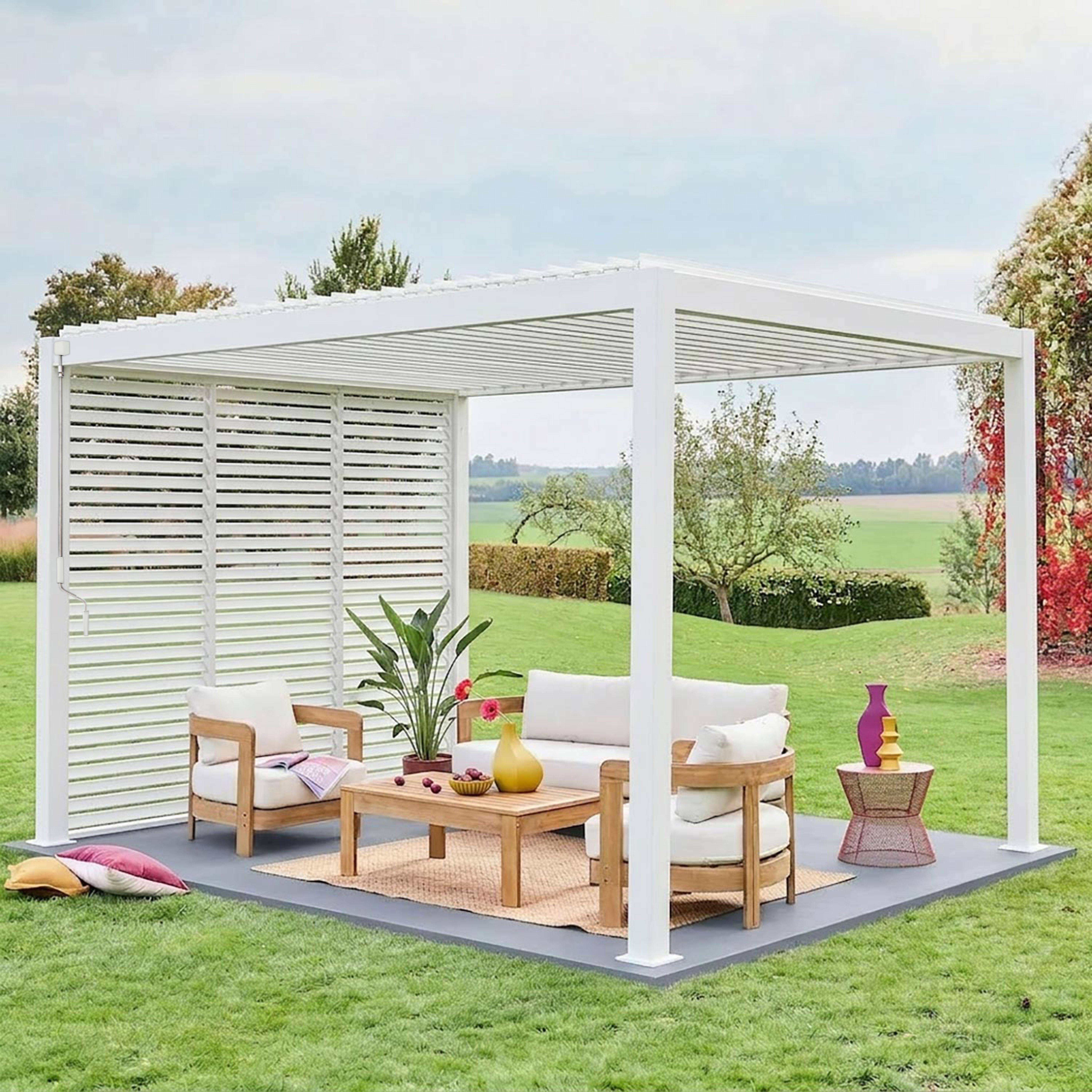 Pergola met lamellendak 4x3m aluminium met verstelbare lamellen en 3 vaste lamellenwanden 100cm wit - Triomphe,sweeek,Photo1