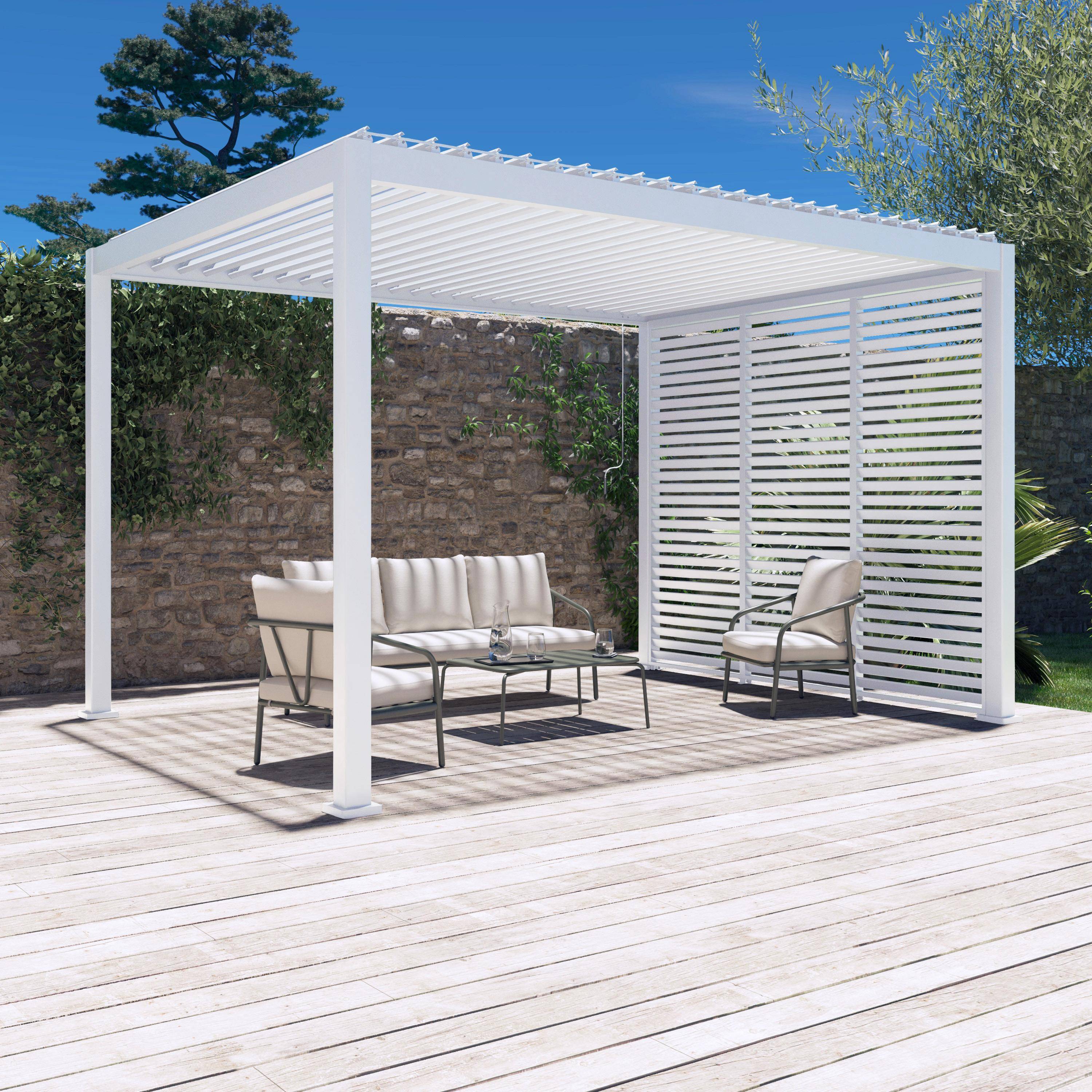3x4m louvered aluminium pergola Triomphe + 3 shutters 100cm, Triomphe + shutters, White, 400x300x250 cm Photo1