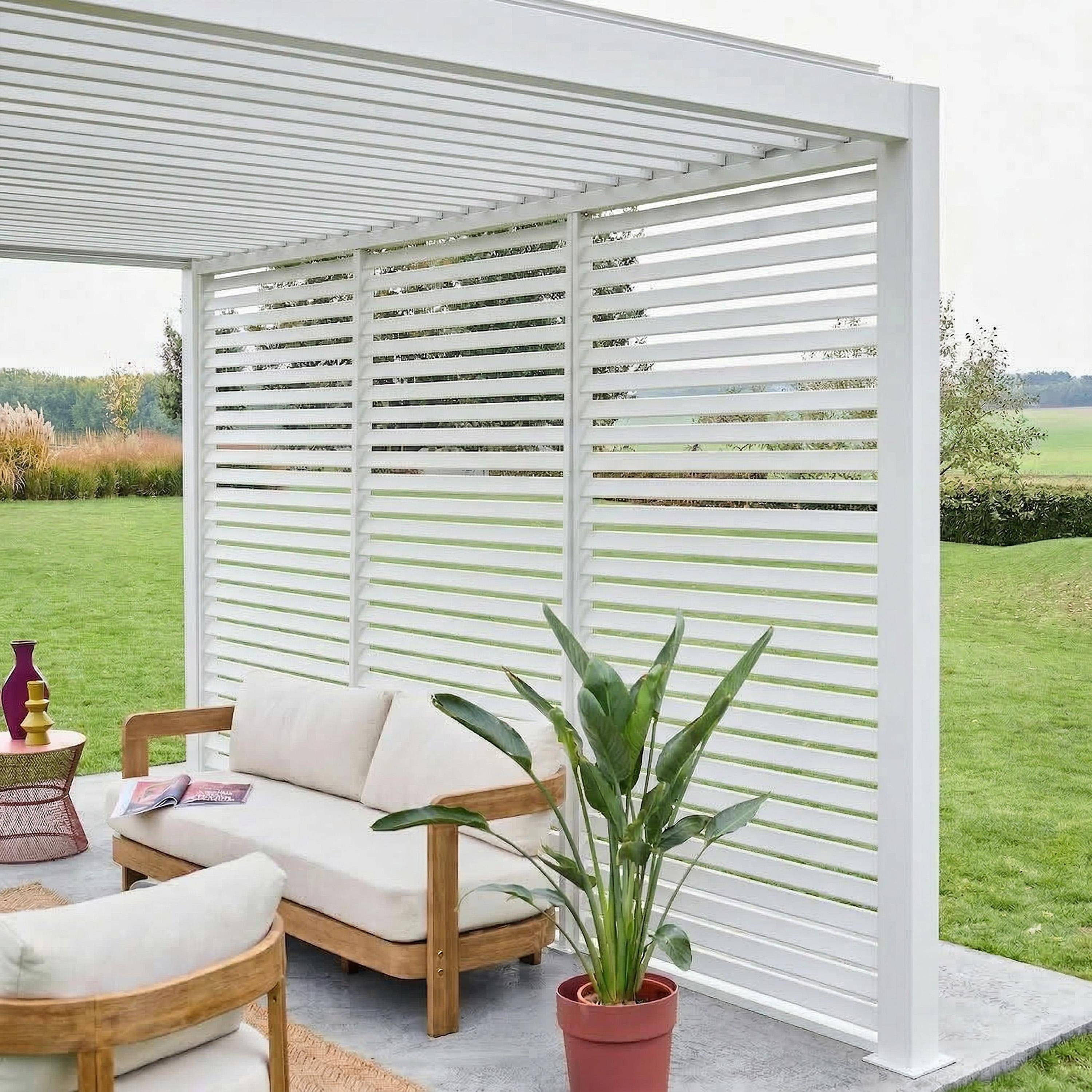 Pergola met lamellendak 4x3m aluminium met verstelbare lamellen en 3 vaste lamellenwanden 130cm wit - Triomphe. Photo2