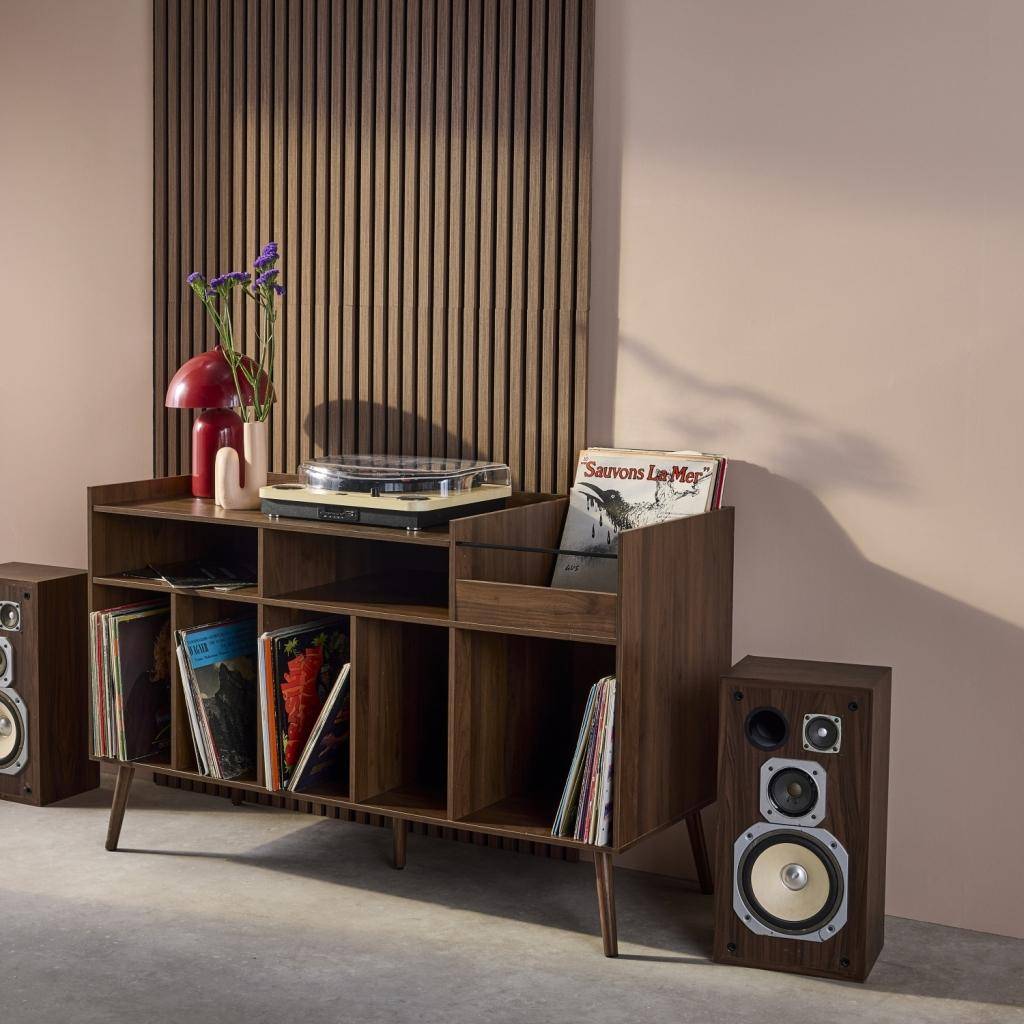Meuble vinyle vintage décor bois, Népal, L 130 x P 50 x H 80 cm Photo2