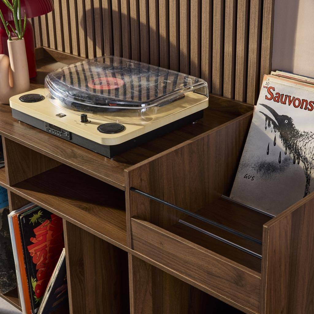 Meuble vinyle vintage décor bois, Népal, L 130 x P 50 x H 80 cm Photo3