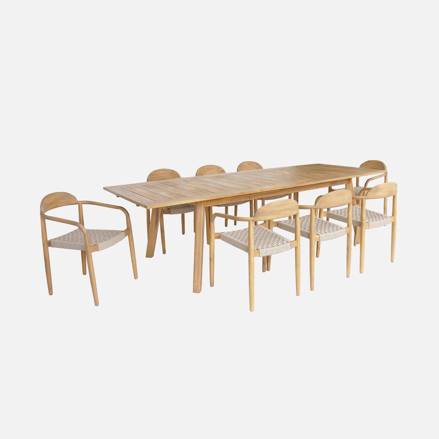 Table de jardin bois d'acacia 8 fauteuils PALENA et CERINA  naturel et beige 275 x 100 x 75 cm  Photo1