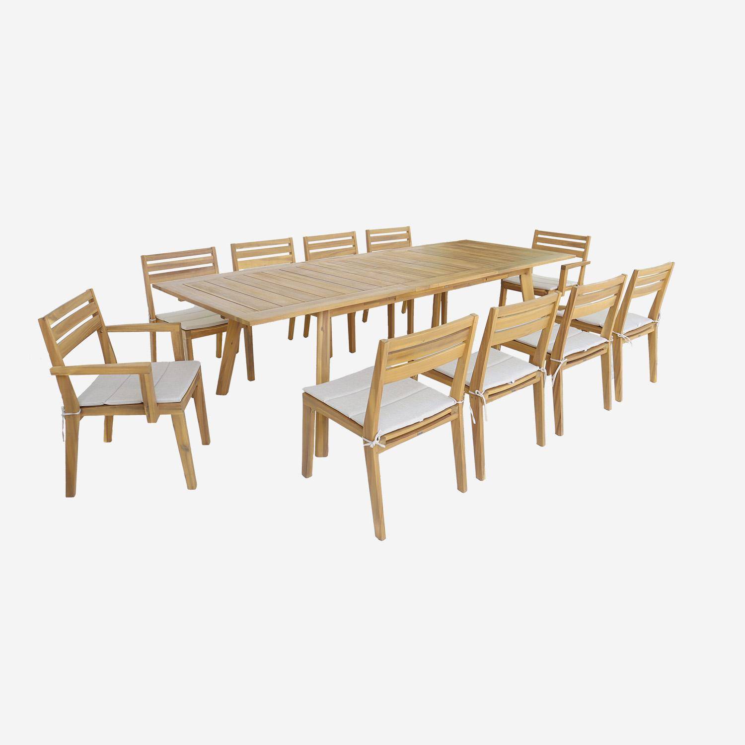 Table de jardin bois d'acacia 2 fauteuils 8 chaises PALENA et MERINA 275 x 100 x 75 cm naturel et beige Photo1