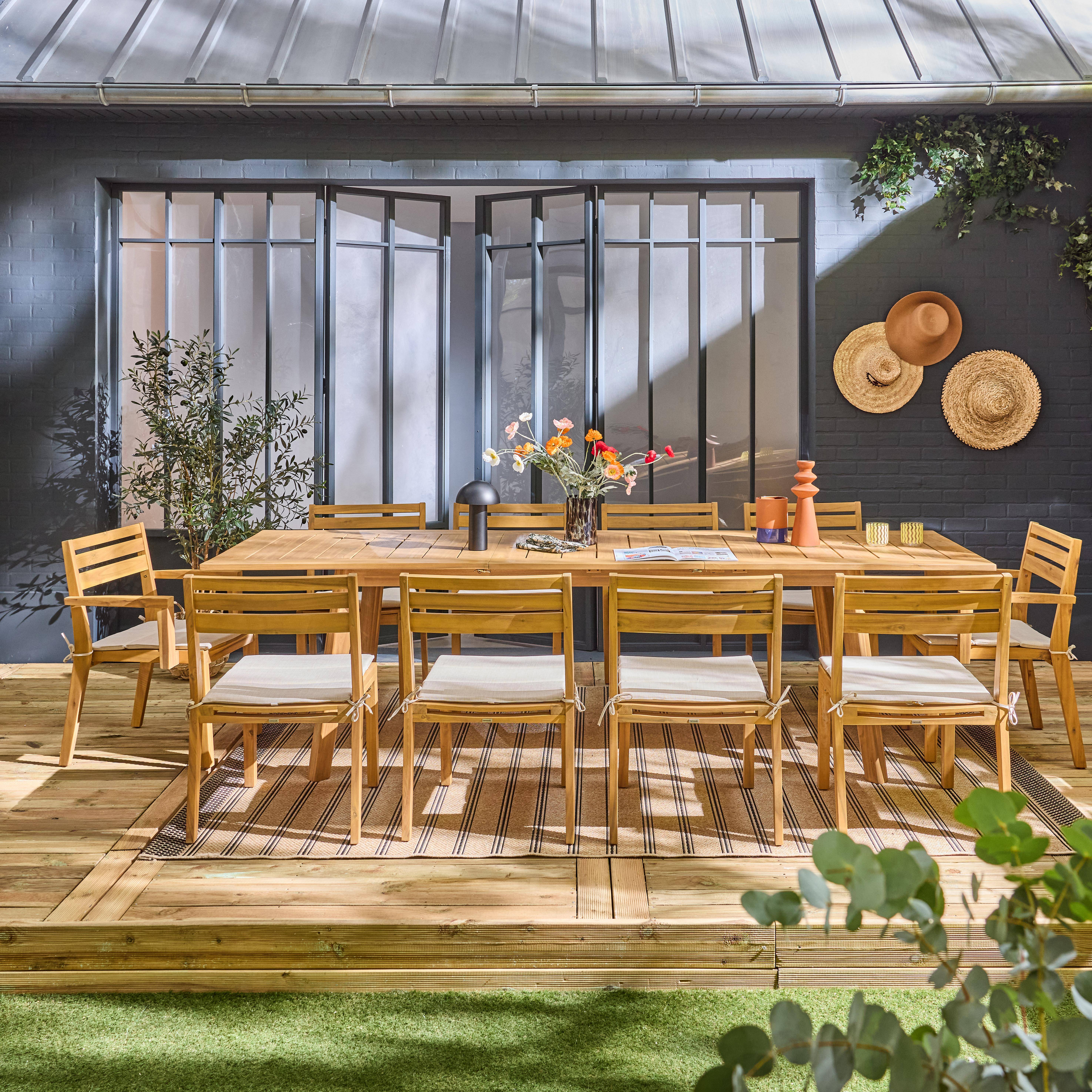 Mesa de jardín de madera de acacia 2 sillones y  8 sillas, Palena + Marina, Natural, 275x100x75 cm,sweeek,Photo1