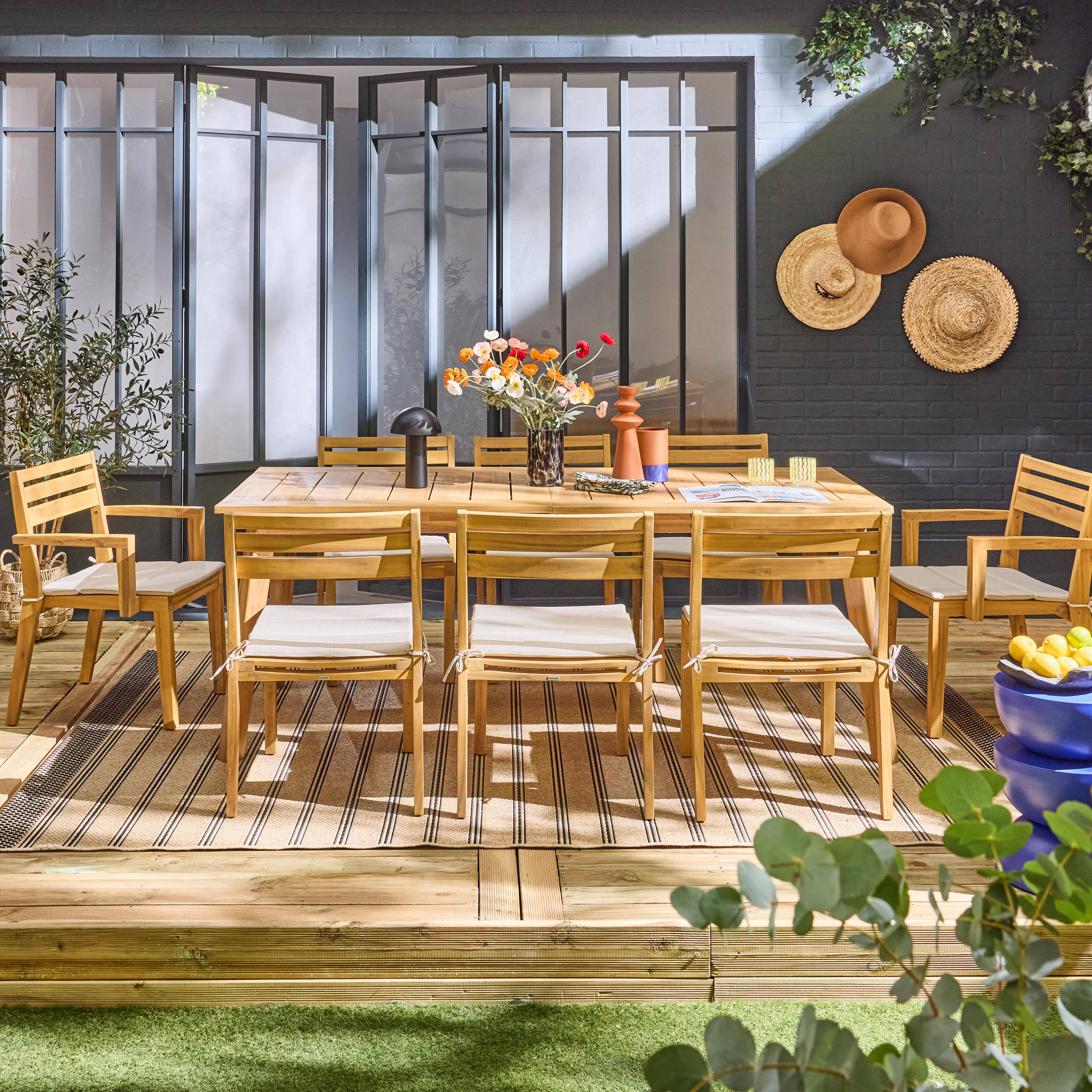 Tuinltafel van acaciahout 2 fauteuils 6 stoelen PALENA en MERINA 275 x 100 x 75 cm naturel en beige,sweeek,Photo1