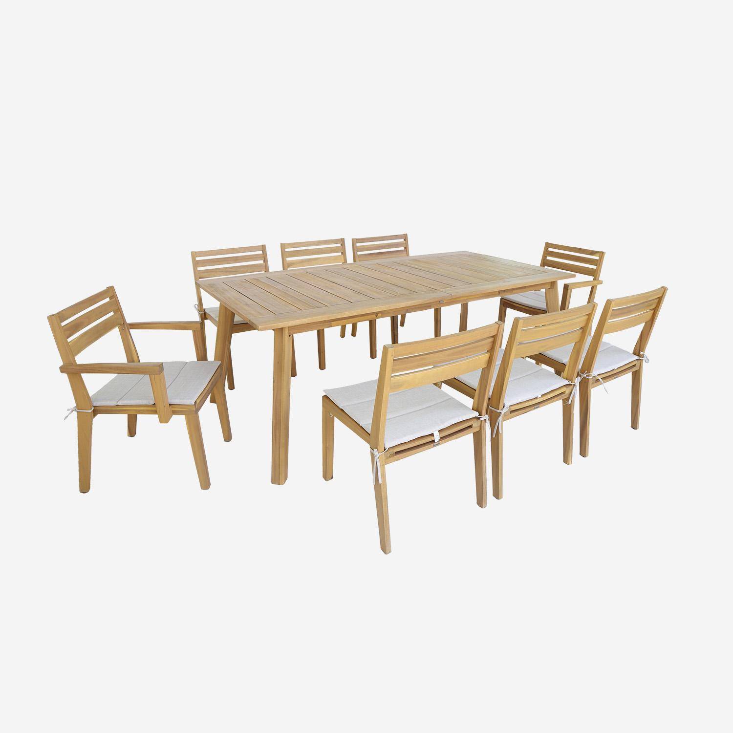 Table de jardin bois d'acacia 2 fauteuils 6 chaises PALENA et MERINA 275 x 100 x 75 cm naturel et beige Photo1