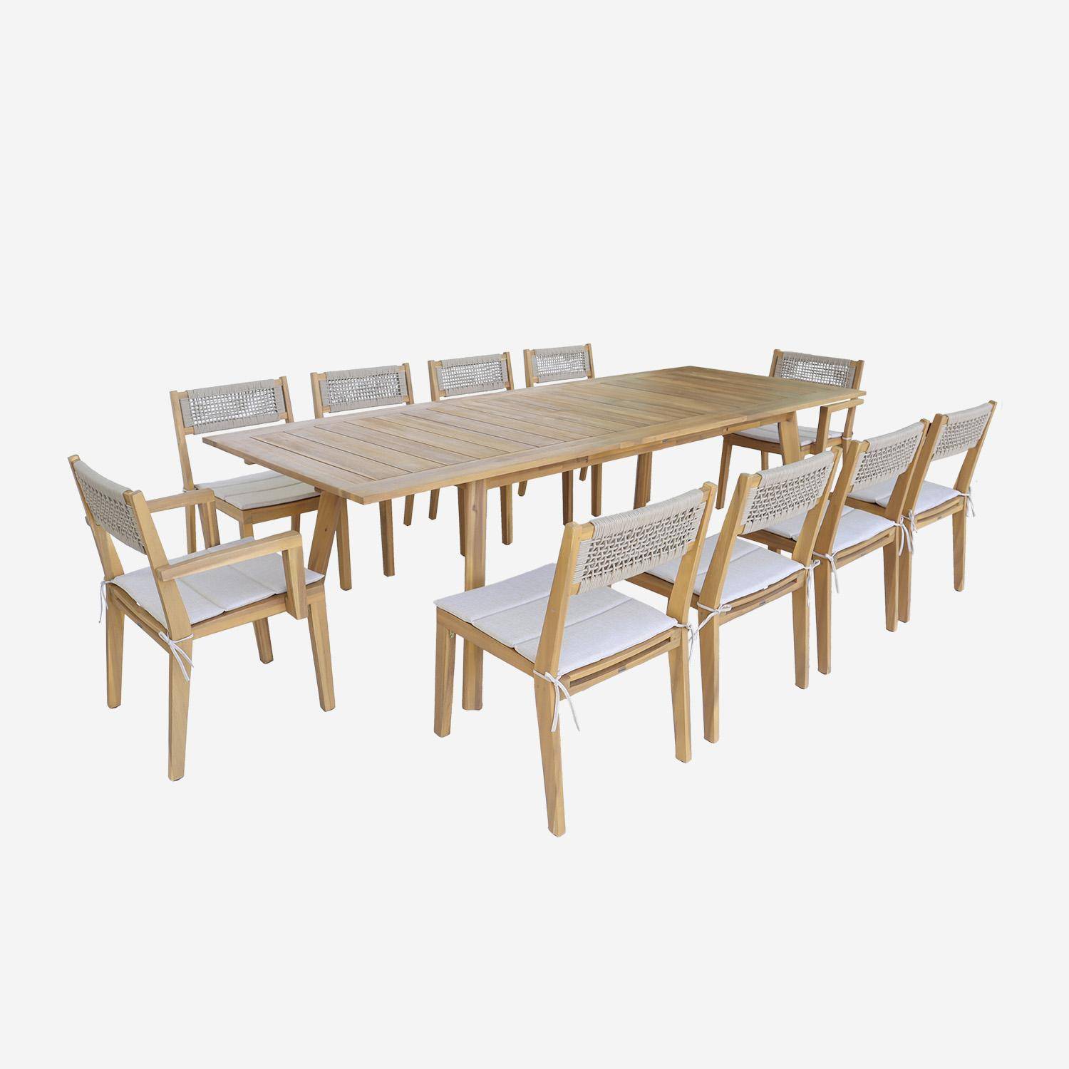 Table de jardin bois d'acacia 2 fauteuils 8 chaises PALENA et GALENA 275 x 100 x 75 cm naturel et beige Photo1