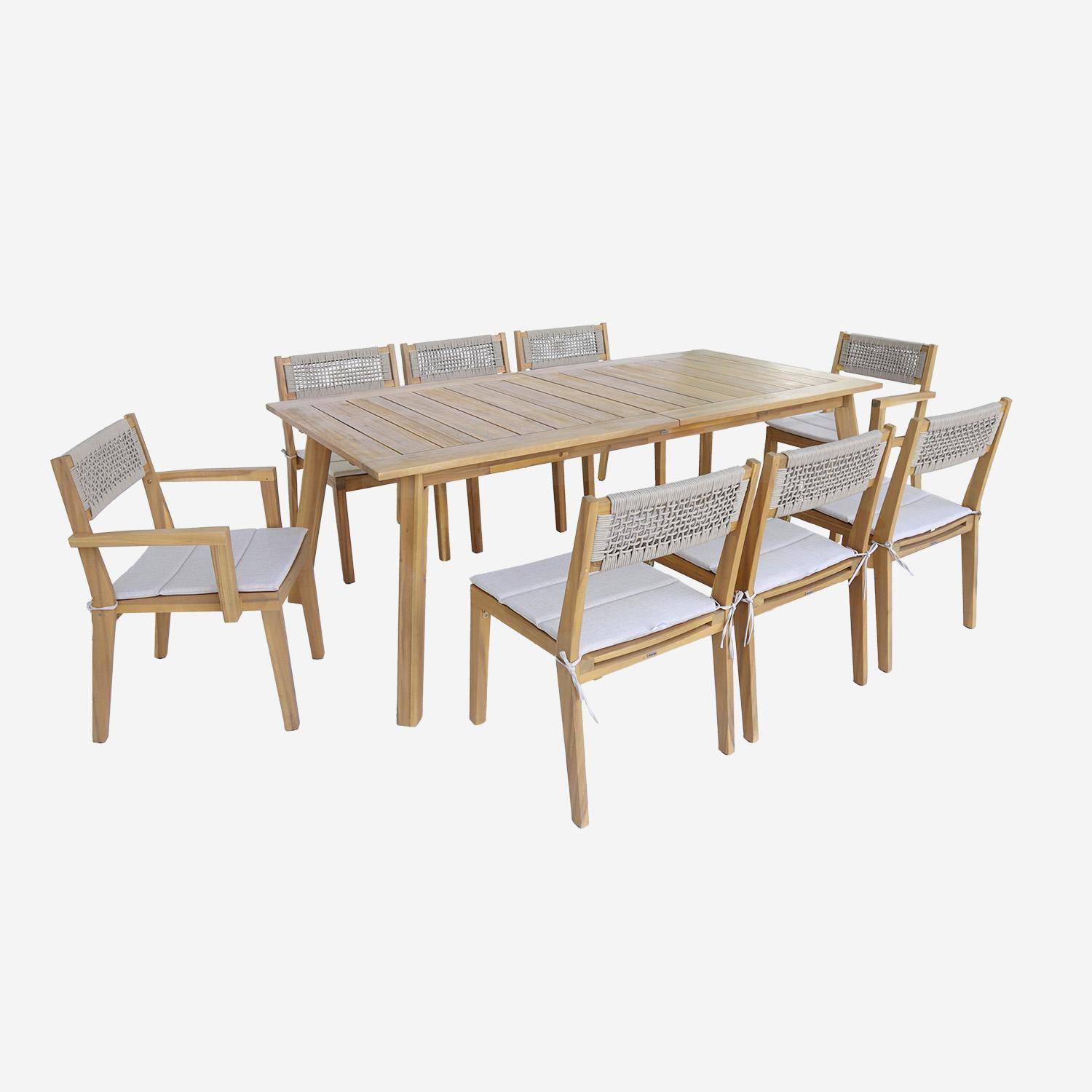 Table de jardin bois d'acacia 2 fauteuils 6 chaises PALENA et GALENA 275 x 100 x 75 cm naturel et beige Photo1