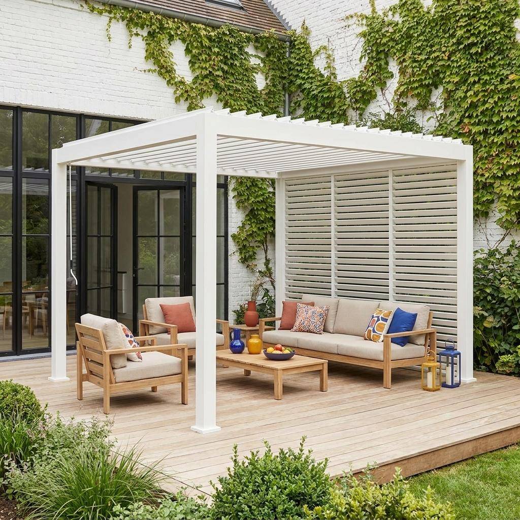 Pergola bioklimatyczna aluminiowa 3x3 m V2 z lamelami obrotowymi + 3 żaluzje TRIOMPHE białe Photo1