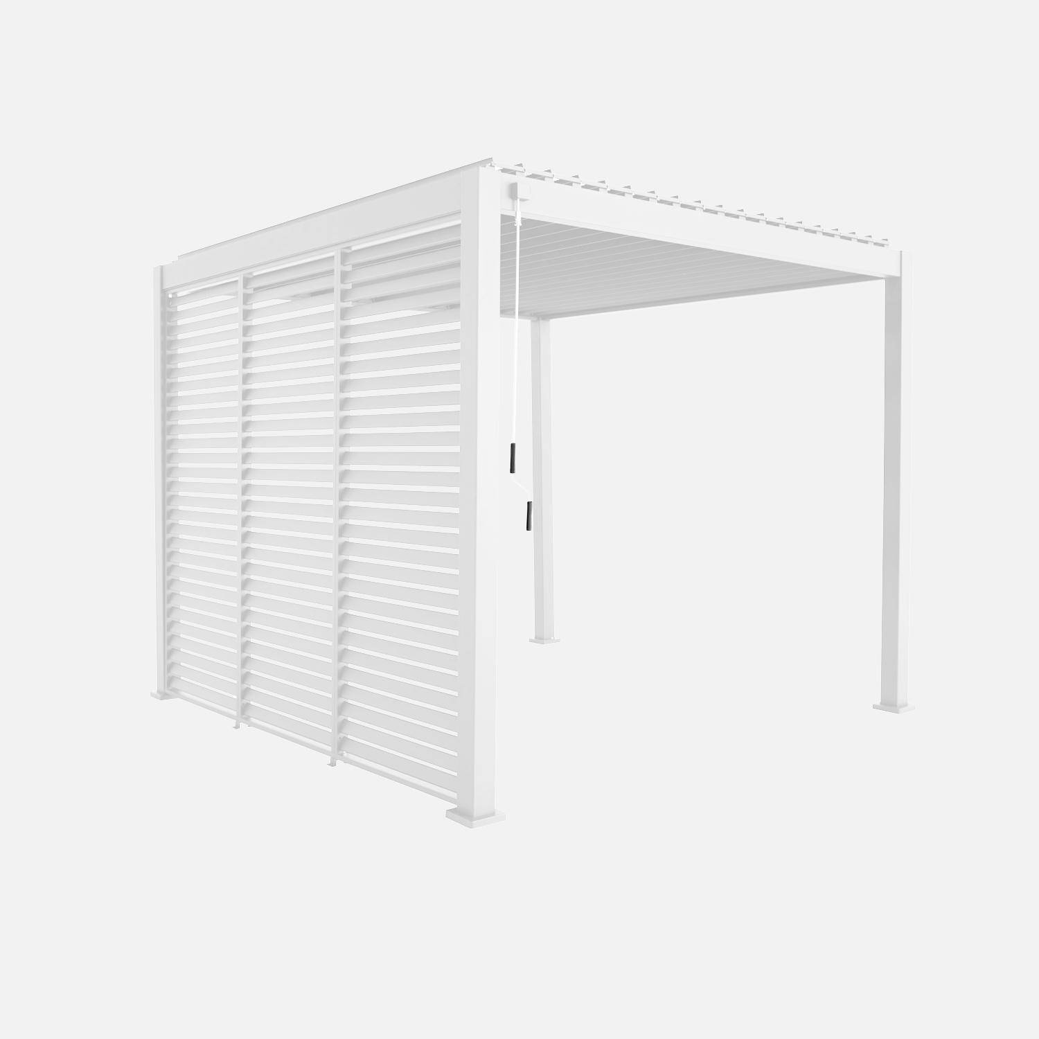 White louvred aluminium pergola, 3 by 3 metres, with privacy panels