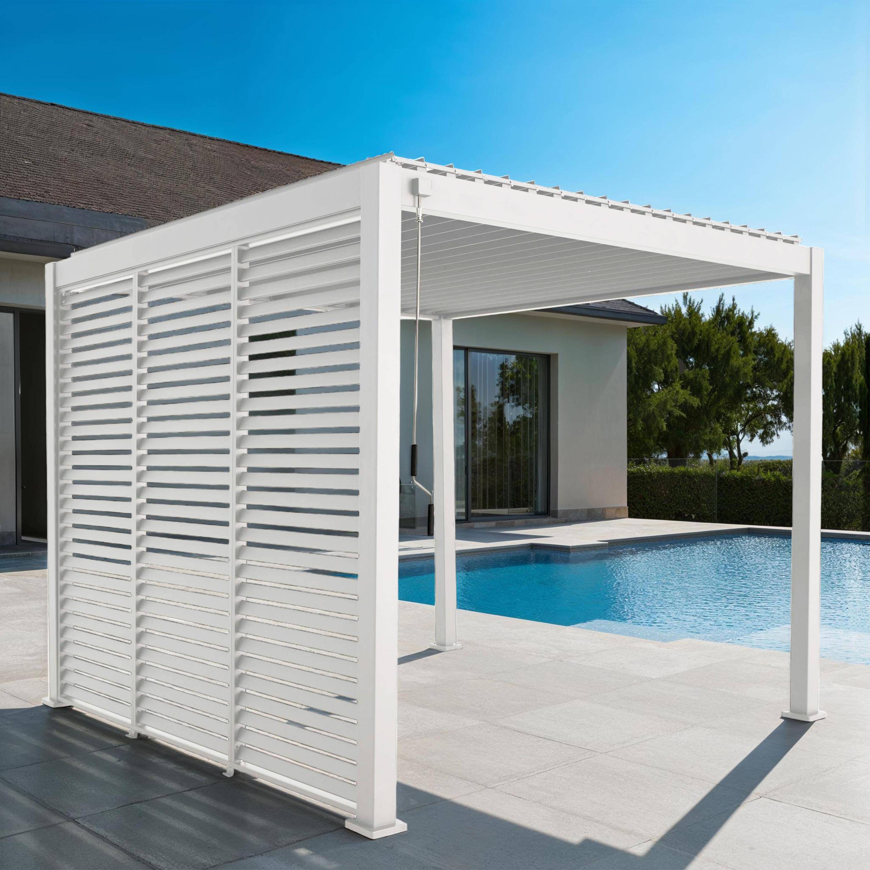 Pergola bioclimatique aluminium 3x3 m V2 lames orientables + 3 persiennes TRIOMPHE blanc Photo1