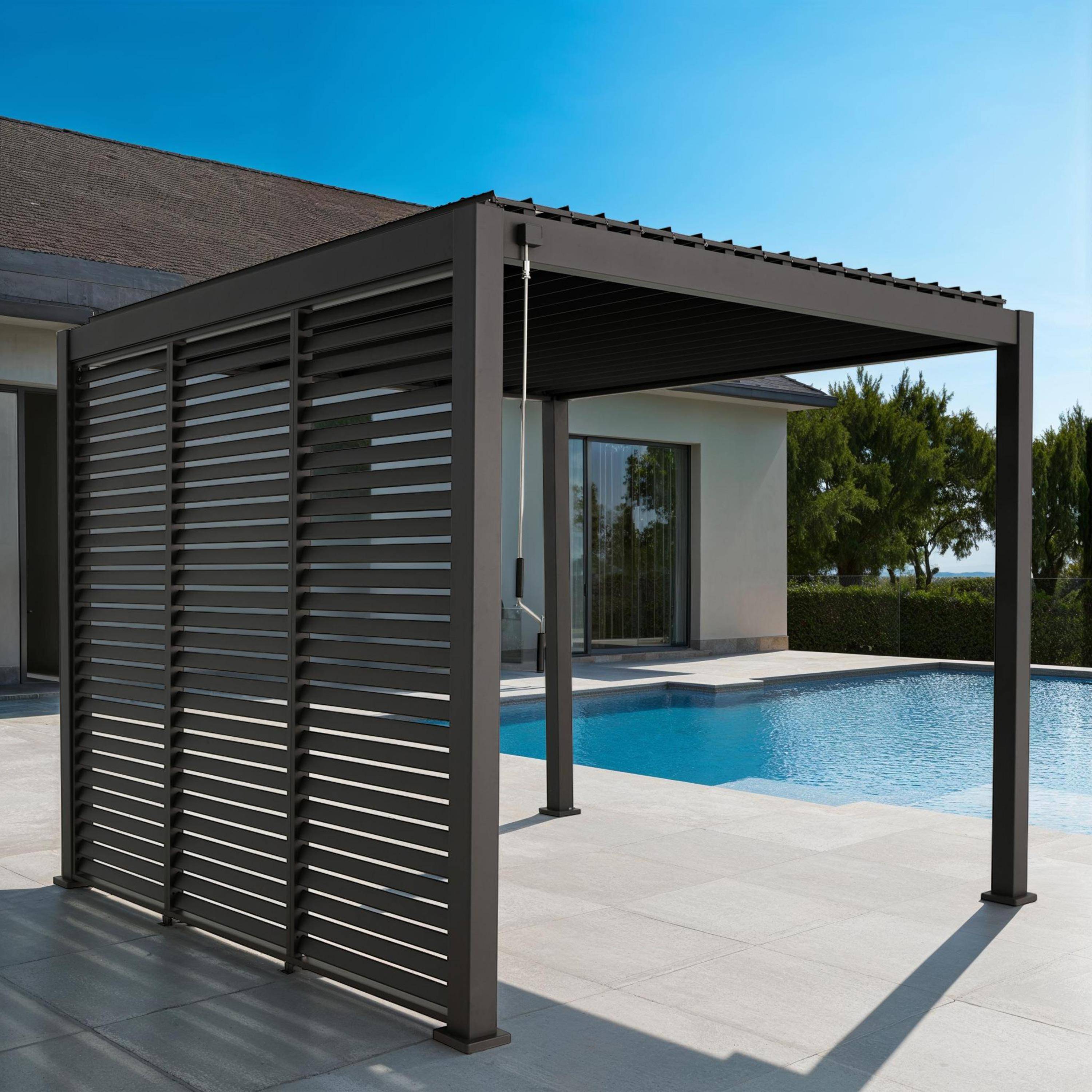 Pérgola bioclimática de aluminio 3x3m con lamas orientables V2 + 3 persianas, Triomphe 3x3m + accesorios, Antracita, 301x301x250 cm Photo1