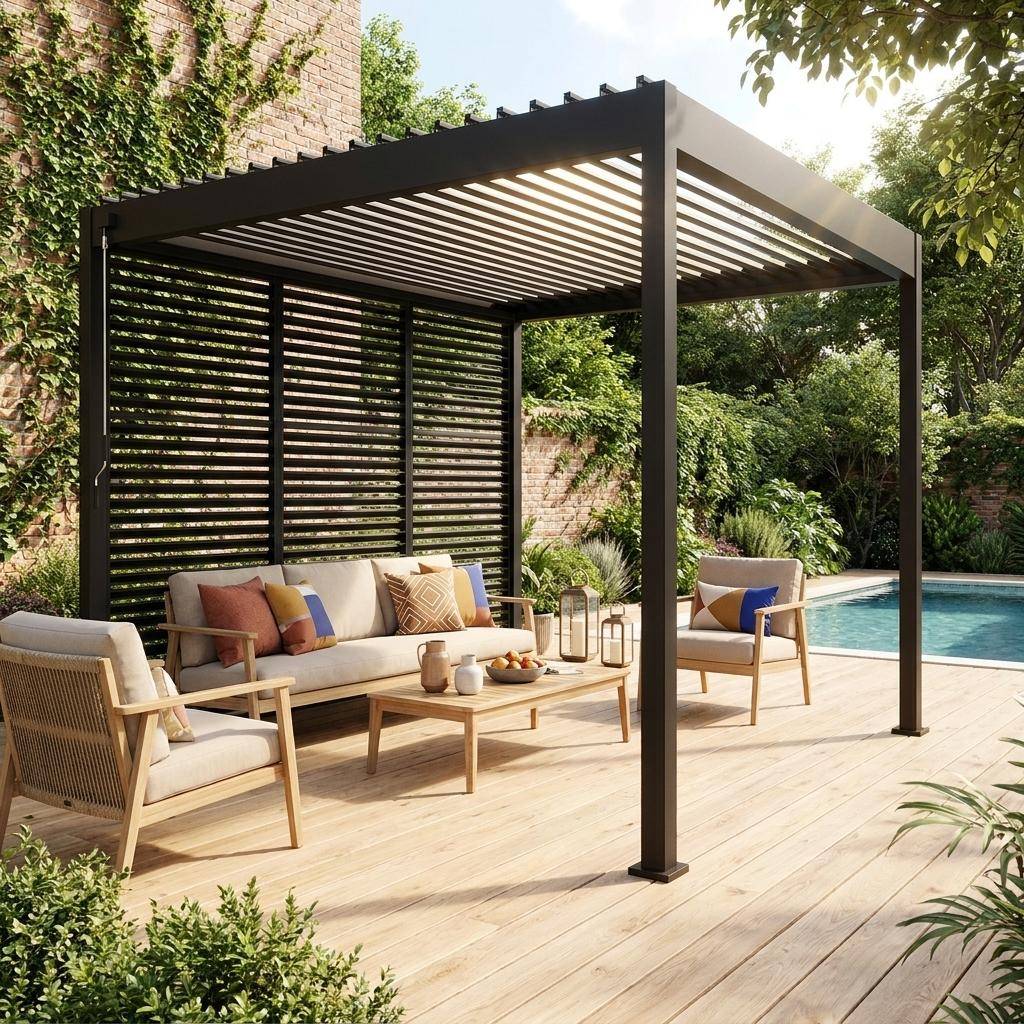Pergola bioclimatica 3x3m in alluminio con lamelle orientabili V2 + 3 persiane, Antracite,sweeek,Photo1