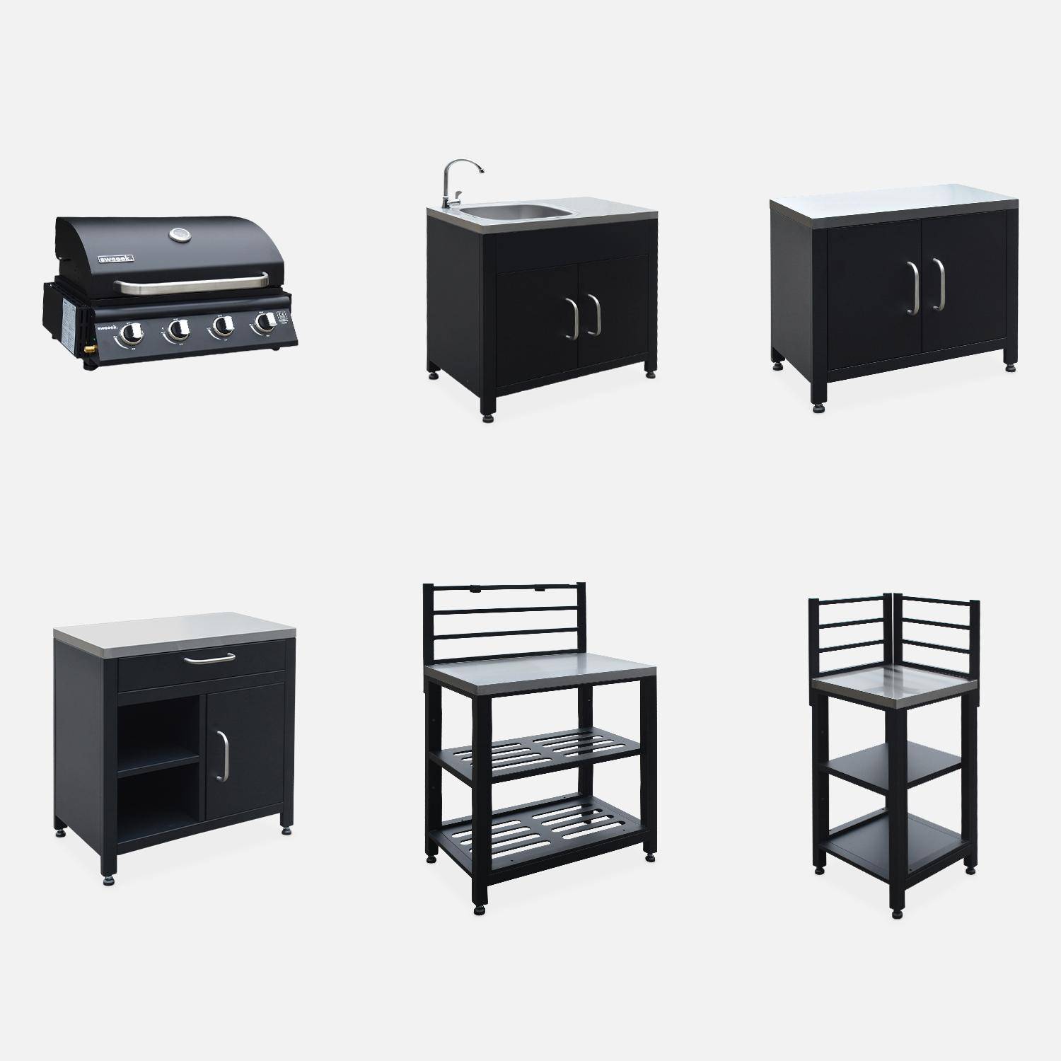 Cocina exterior 5 módulos acero inoxidable con barbacoa gas 4 quemadores, Grimaud 5 módulos + barbacoa de gas, Negro, 73x50x48 cm Photo3