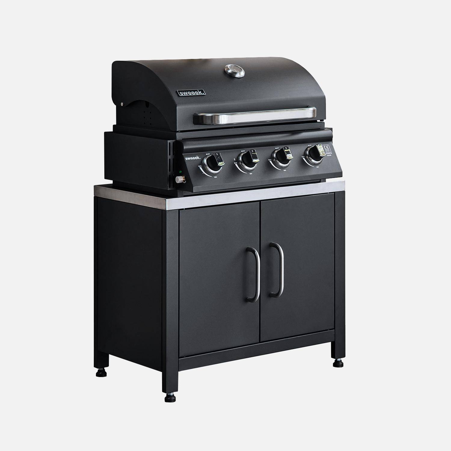 Gasgrill mit 4 Brennern zum Aufstellen mit Fettauffangbehälter + Outdoor-Küchenmöbel aus Stahl B 80cm - Grimaud Photo3