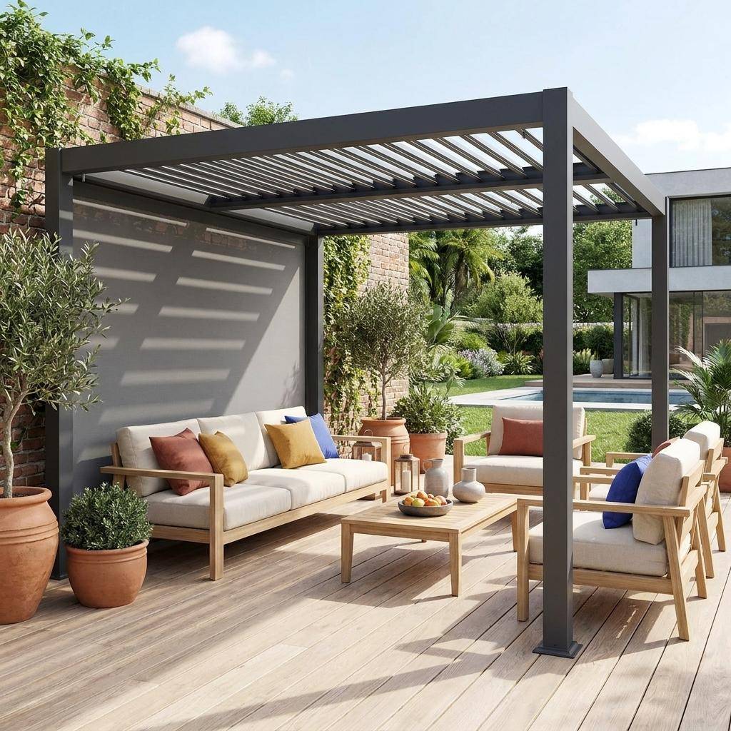 Pergola bioclimatique aluminium et acier 3x3m lames orientables + store 3m PALACE anthracite Photo1