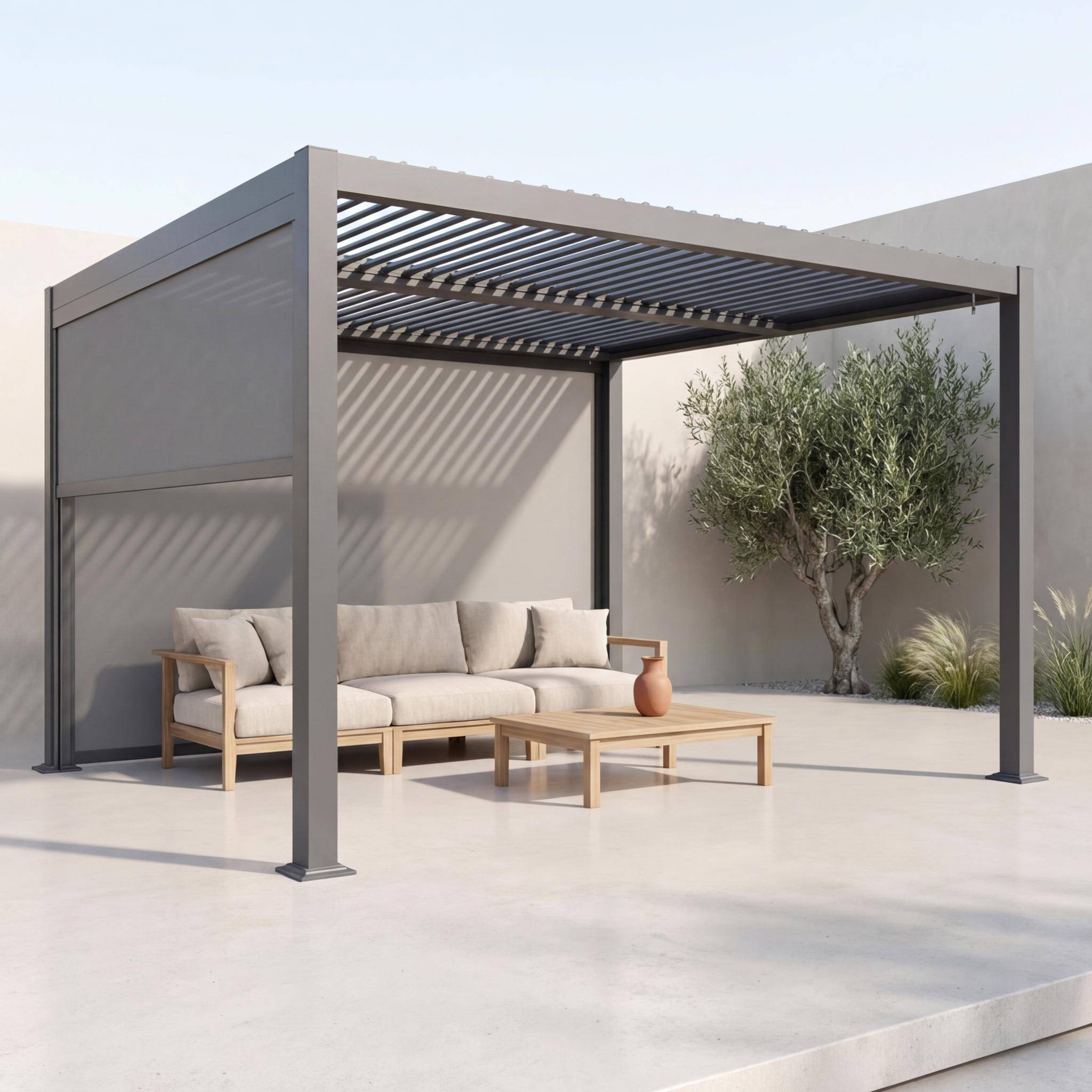 Pergola bioclimatica 3x3m in alluminio e acciaio + tenda 3m, Antracite Photo1