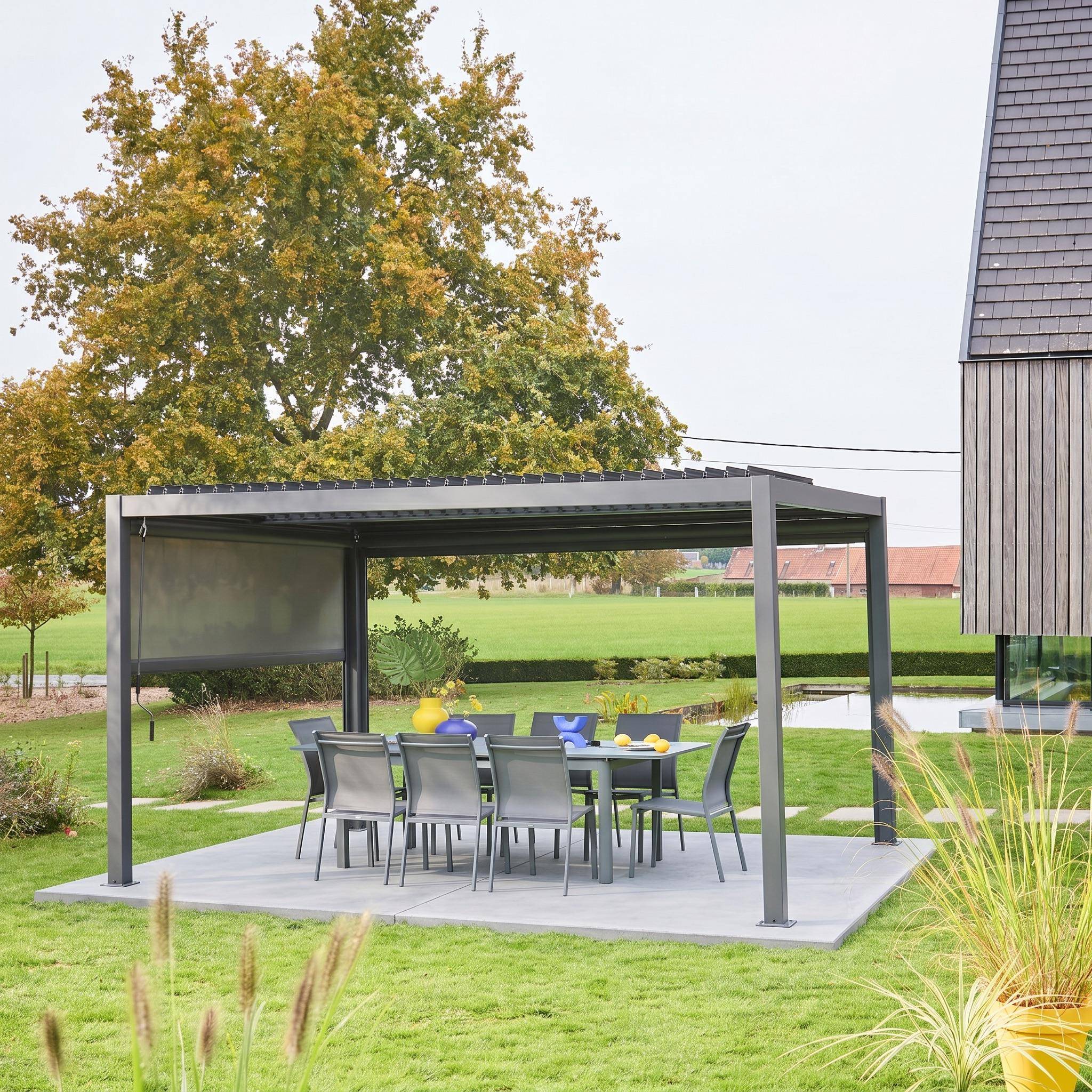 Pergola met lamellendak 4x3m lamellen verstelbaar aluminium en staal met zonnescherm 3m antraciet - Palace Photo2