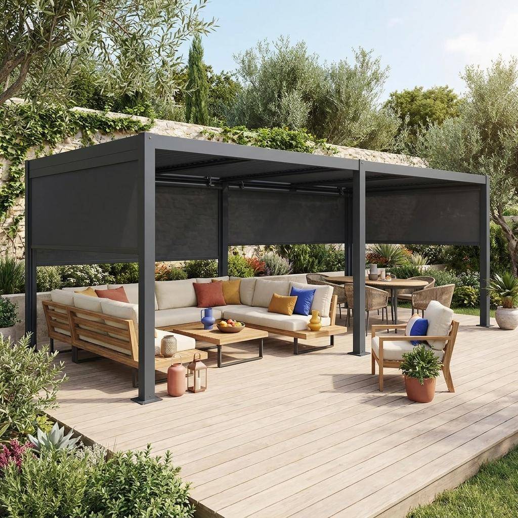 Pergola bioclimatica in alluminio e acciaio 3x6m + 4 tende 3m Antracite - 574x292x231 cm Photo1