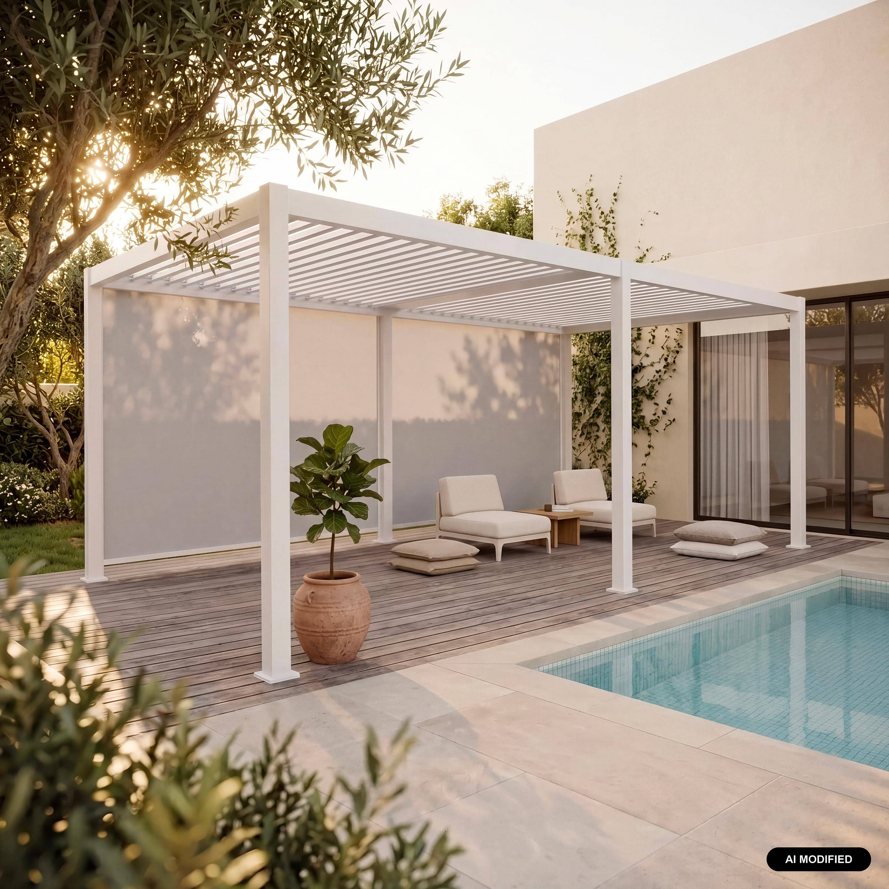 Pergola met lamellendak 6x3m aluminium lamellen verstelbaar met 2 zonneschermen 3m wit - Triomphe Photo1