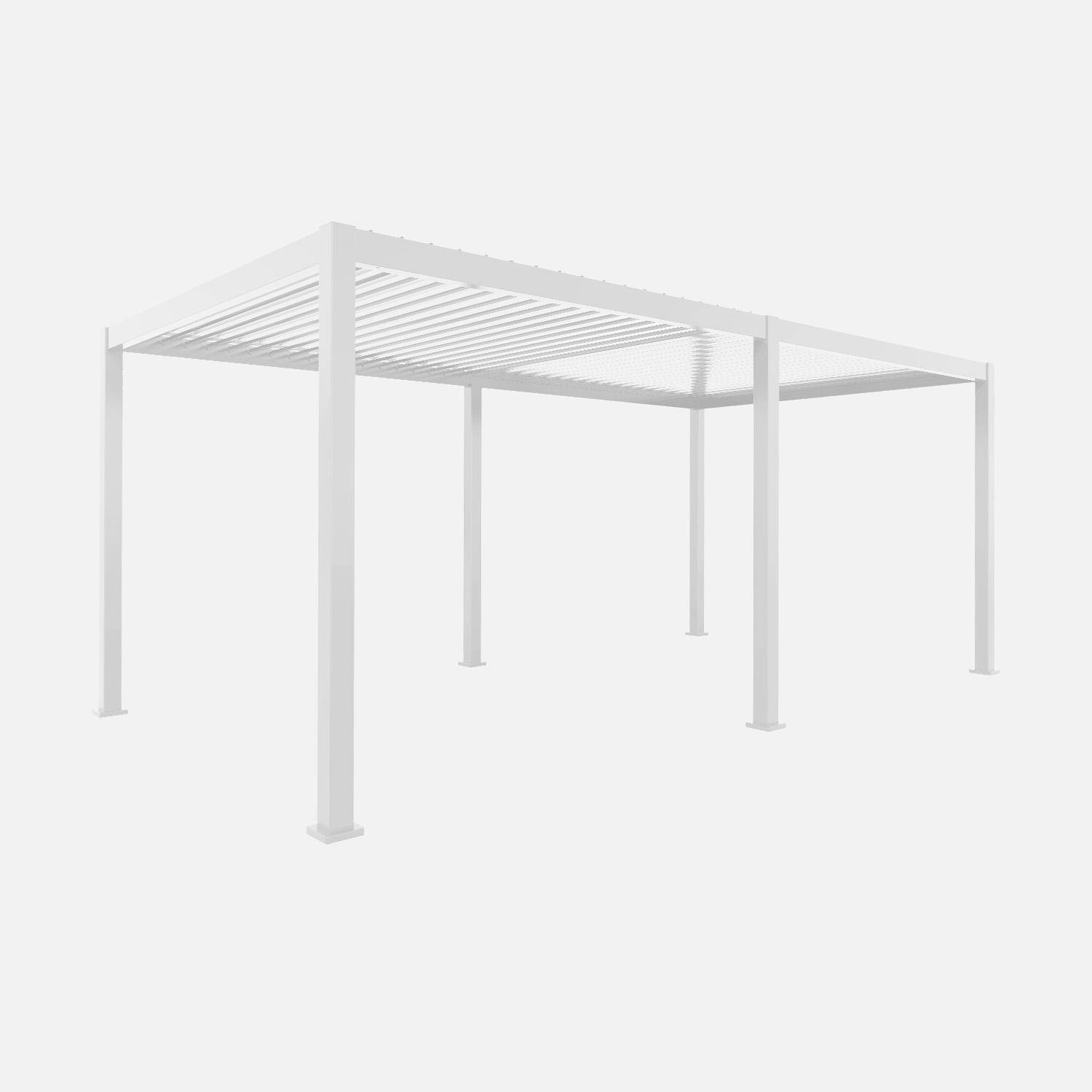 Pergola bioclimatique en aluminium, lames orientables 3x6m + 4 stores 3m TRIOMPHE blanc Photo2