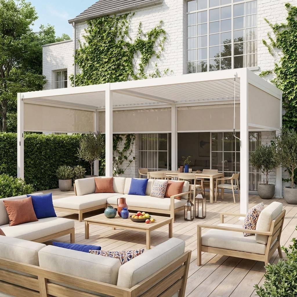 Pergola bioclimatique en aluminium, lames orientables 3x6m + 4 stores 3m TRIOMPHE blanc Photo1