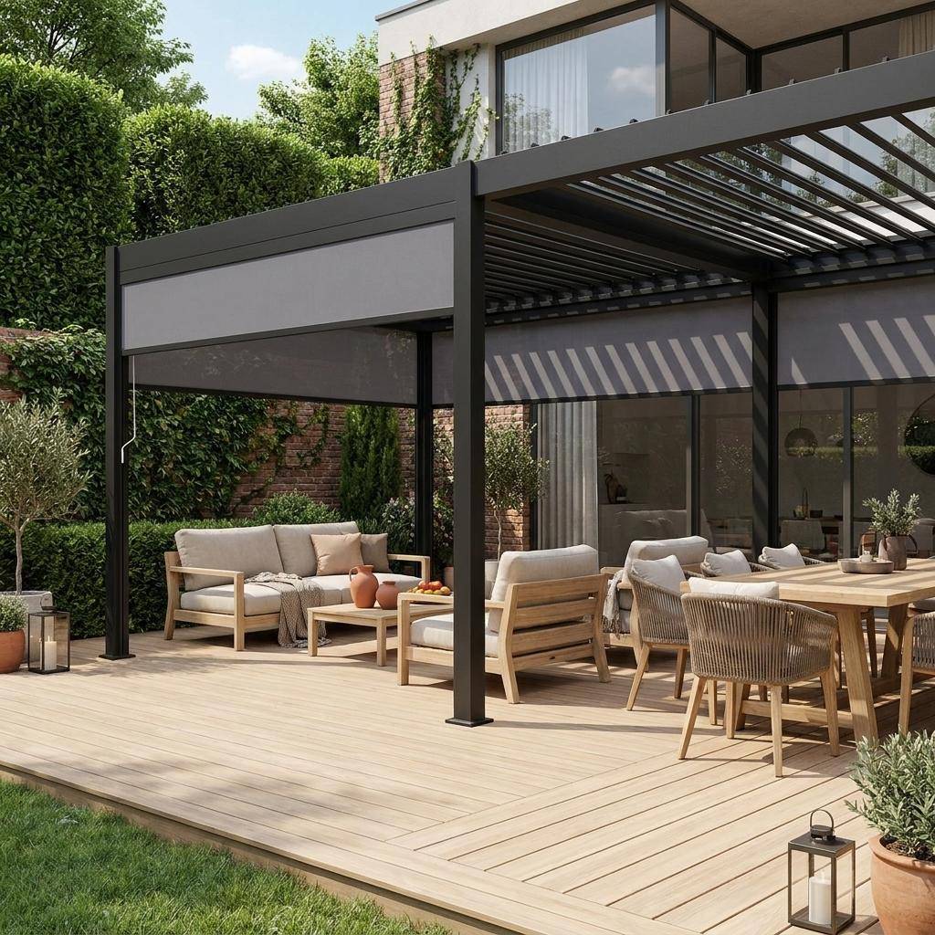 Pergola met lamellendak 6x3m aluminium lamellen verstelbaar met 4 zonneschermen 3m antraciet - Triomphe Photo1