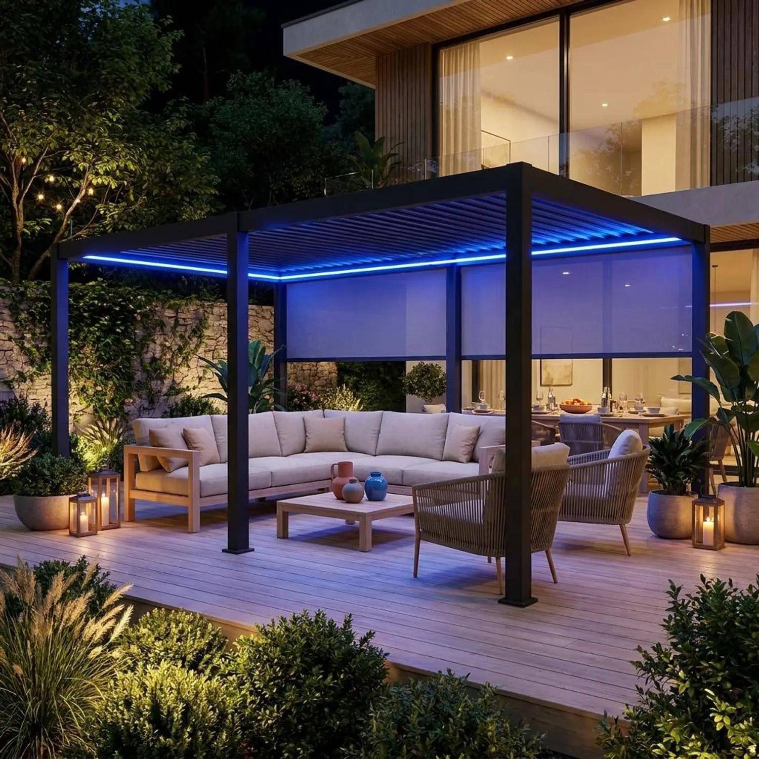 Pergola bioklimatyczna elektryczna TRIOMPHE 3x6m, aluminiowa, z regulowanymi lamelami z oświetleniem LED + 2 rolety 3m - Antracyt Photo1
