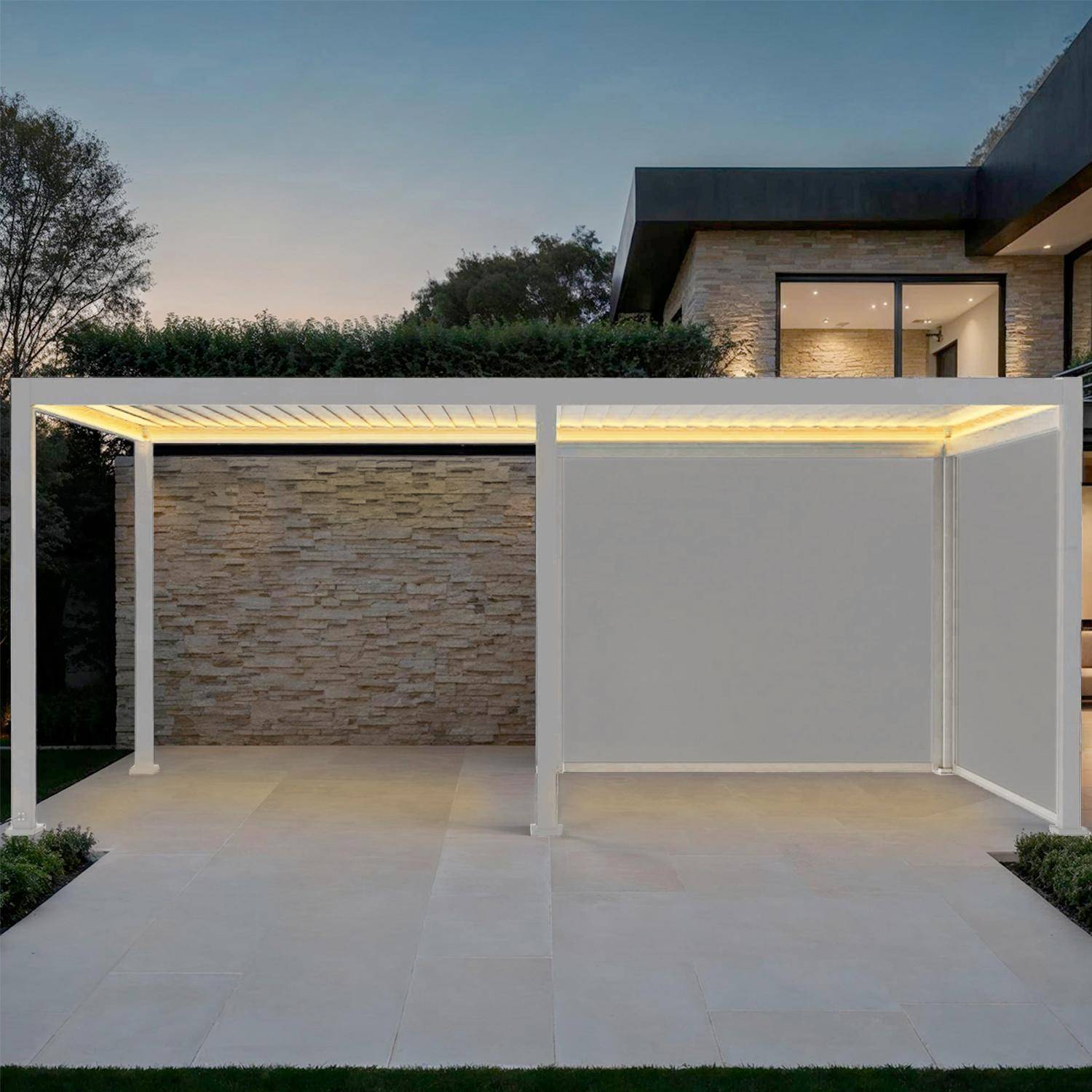 Pergola Bioclimatique électrique 3x6m, aluminium, à lames orientables avec éclairage LED + 2 stores 3m TRIOMPHE blanc Photo1