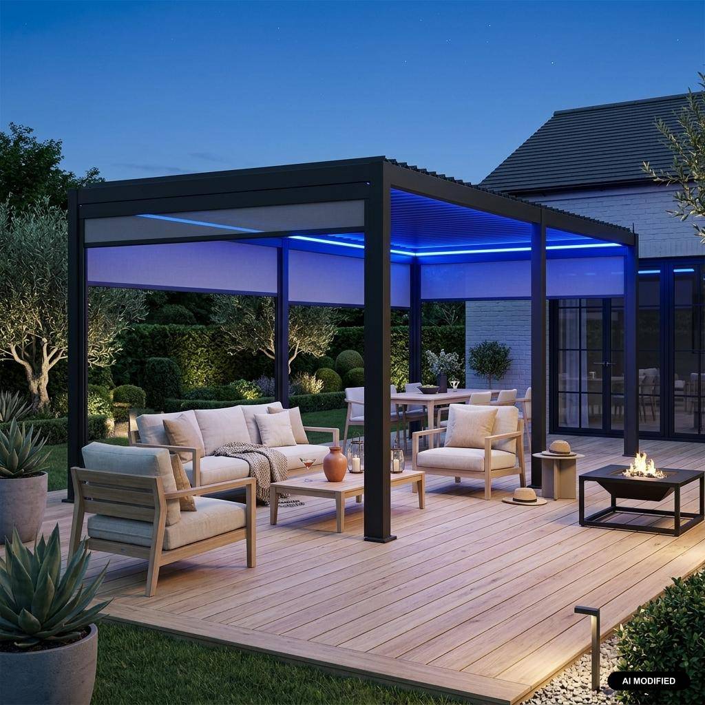 LED Pergola mit motorisiertem Lamellendach Triomphe 3x6m + 4 Markisen 3m anthrazit Photo1