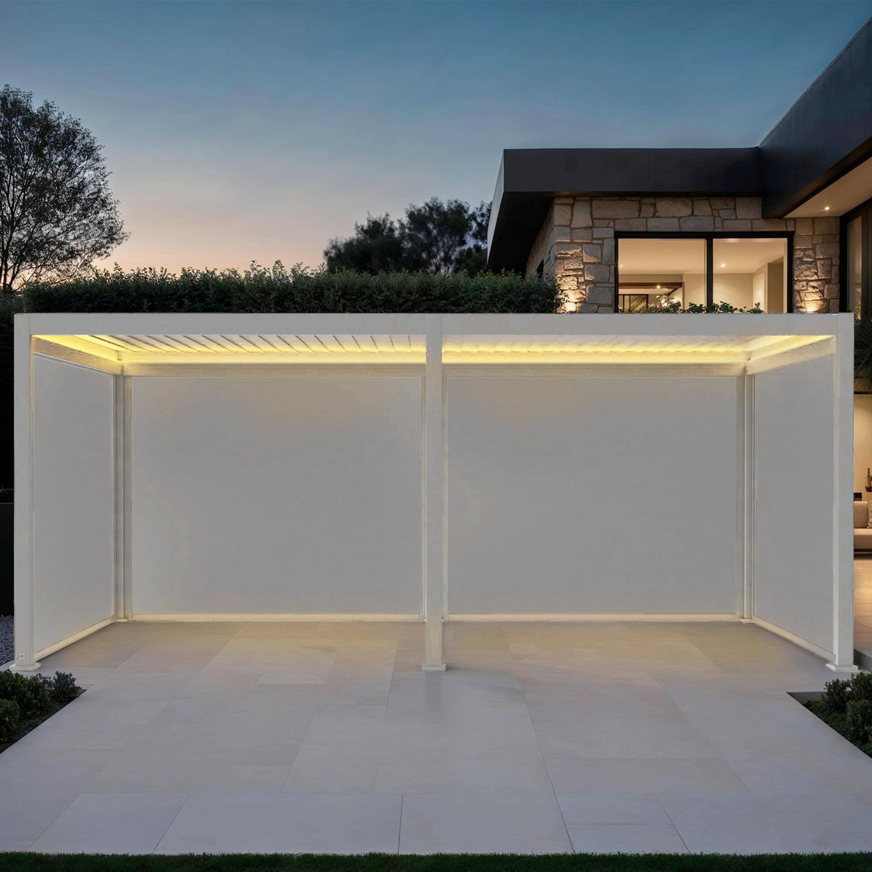Pergola Bioclimatique électrique 3x6m, aluminium, à lames orientables avec éclairage LED + 4 stores 3m TRIOMPHE blanc Photo1