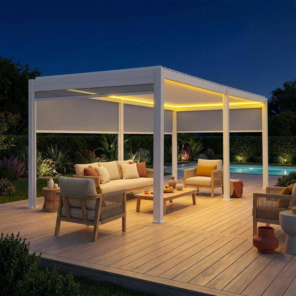 Pergola Bioklimatyczna elektryczna TRIOMPHE 3x6m, aluminium, z uchylnymi lamelami z oświetleniem LED + 4 markizy 3m - Biała,sweeek,Photo1