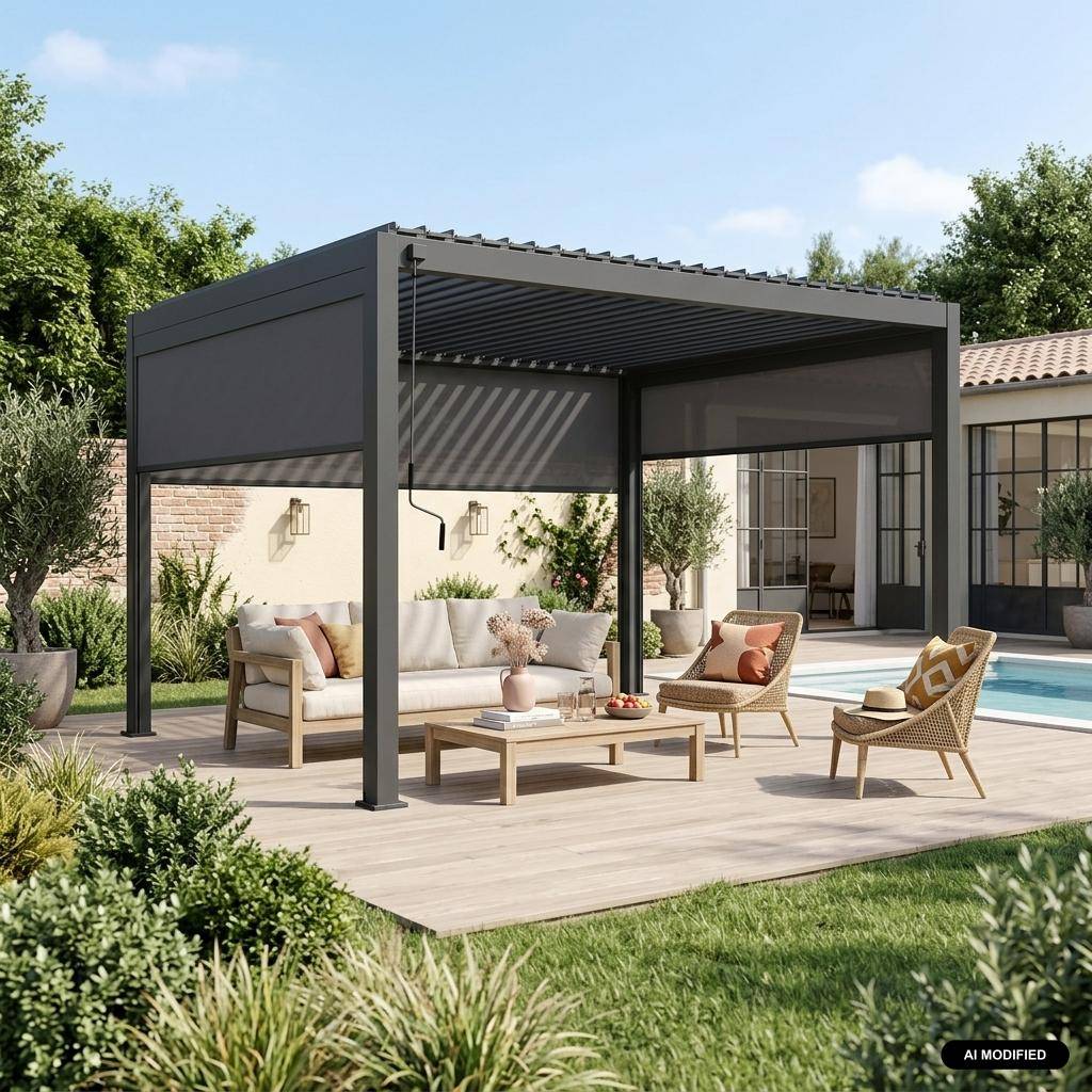 Pergola bioclimatique en aluminium, lames orientables 3x4m + 2 stores 3m + 1 store 4m TRIOMPHE anthracite Photo1