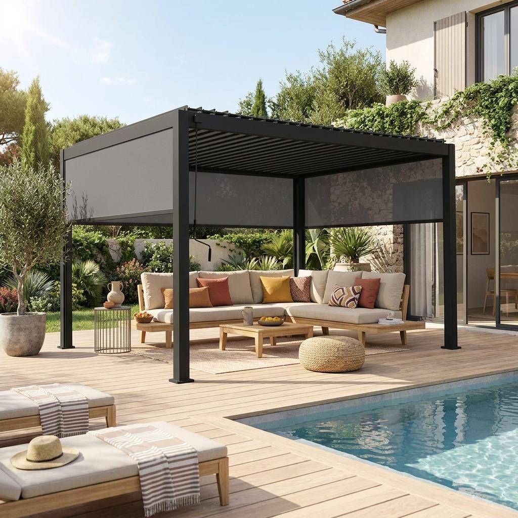 Pergola mit Lamellendach 3x4m + 2 Markisen 3m + 1 Markise 4m anthrazit |  sweeek
