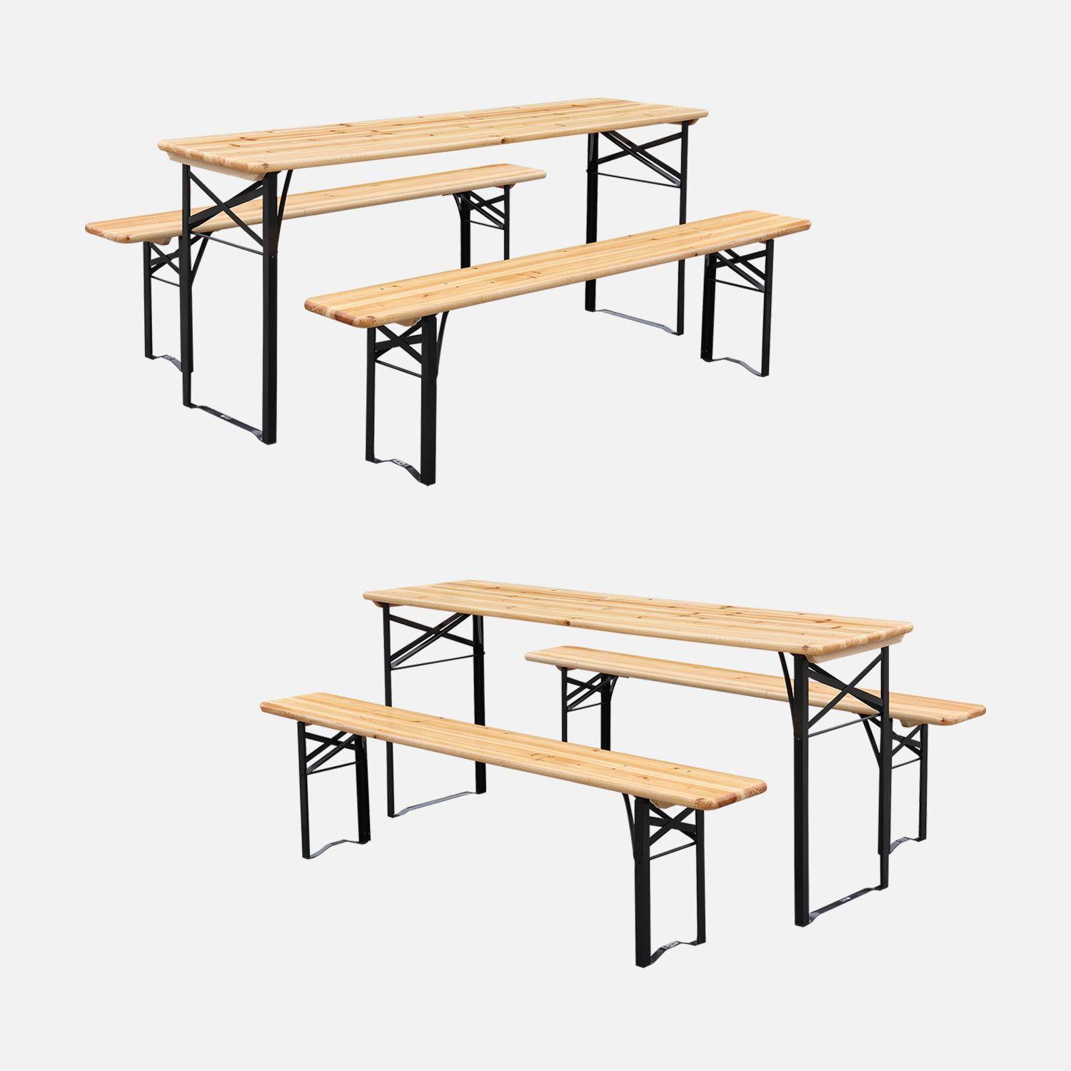 Lot de 2 tables de réception pliantes bois de sapin 2 bancs naturel Bayonne esprit brasserie 12 places Photo3