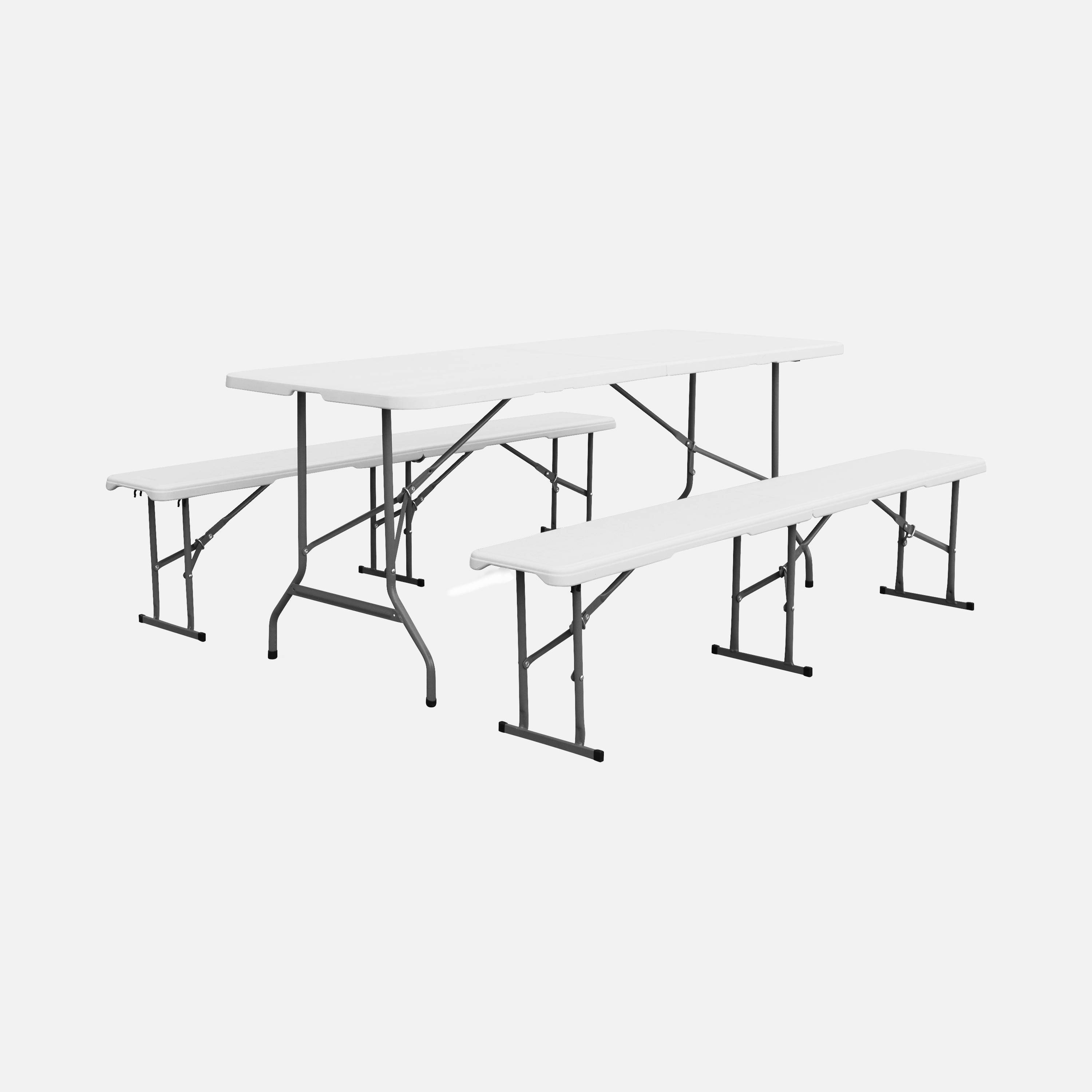 Set di 2 tavoli da ricevimento pieghevoli in acciaio, 2 panche Bianco - 180x69.5x73.5 cm,sweeek,Photo4