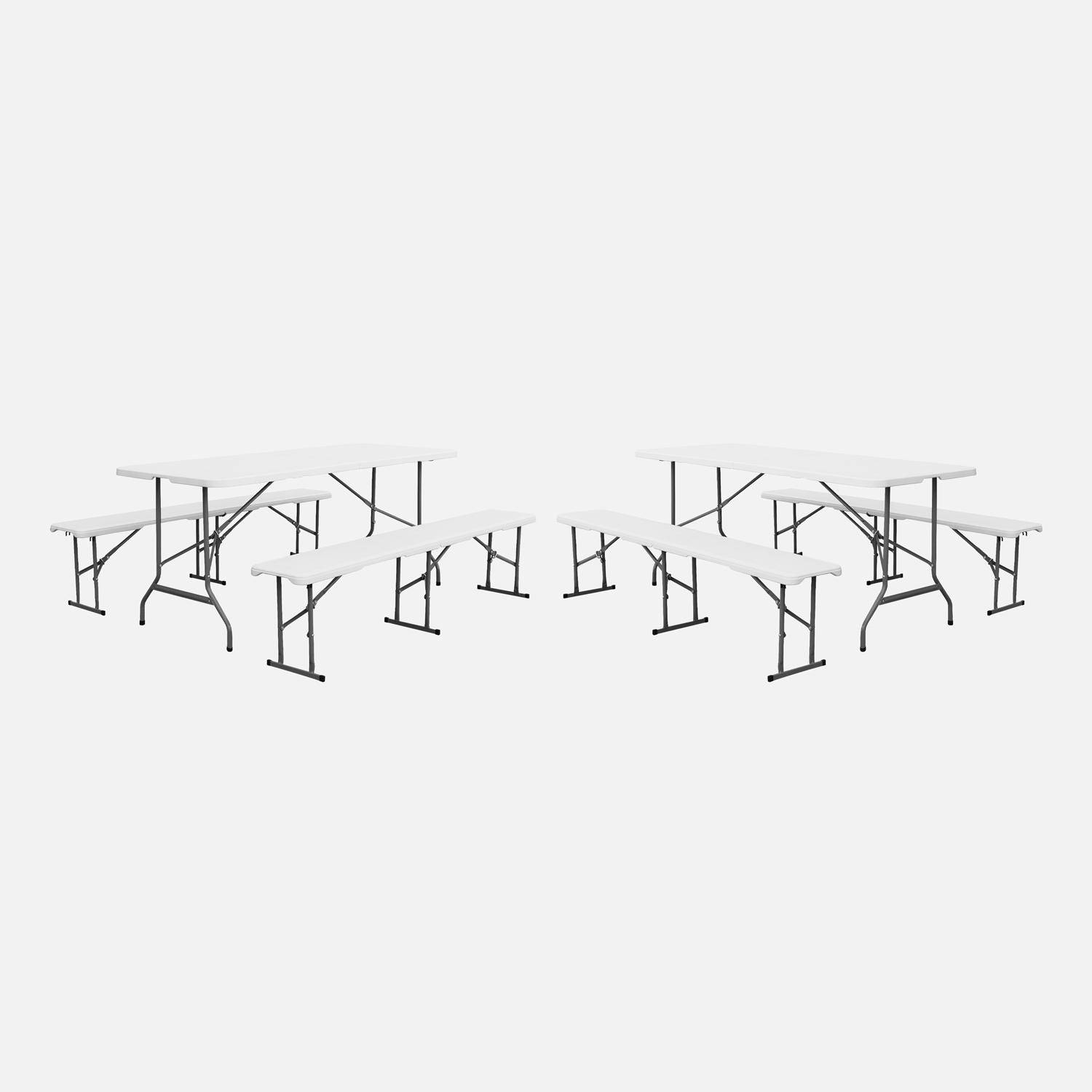 Set di 2 tavoli da ricevimento pieghevoli in acciaio, 2 panche Bianco - 180x69.5x73.5 cm,sweeek,Photo2
