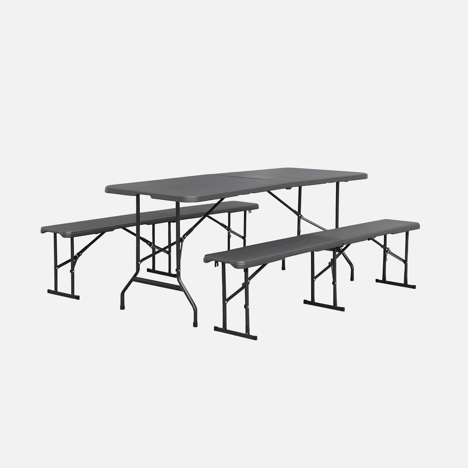 Conjunto de jardim com mesa dobrável para eventos em plástico e aço com 2 bancos, set de 2 Cinza escuro - 180x69.5x73.5 cm,sweeek,Photo4