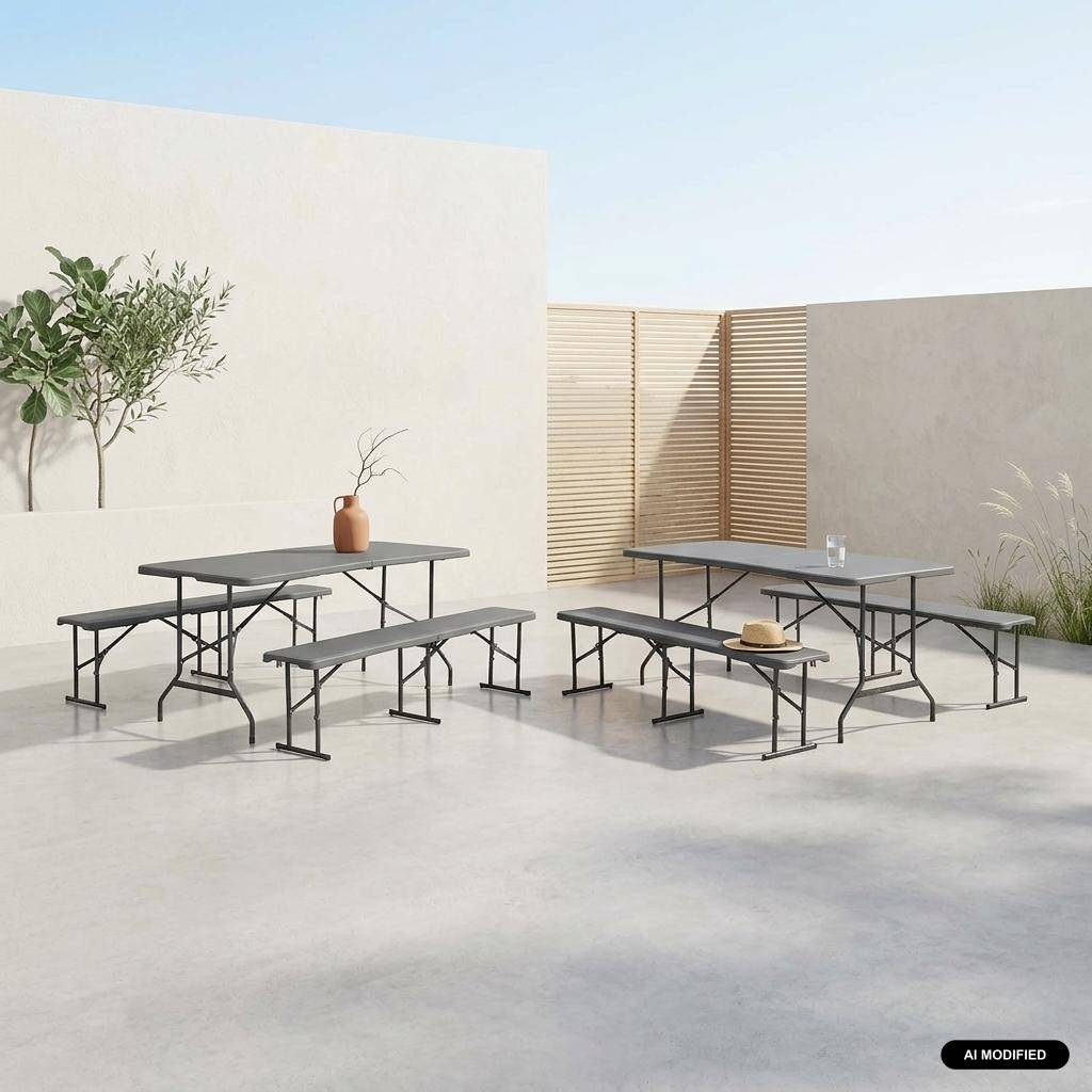 Conjunto de jardim com mesa dobrável para eventos em plástico e aço com 2 bancos, set de 2 Cinza escuro - 180x69.5x73.5 cm Photo1