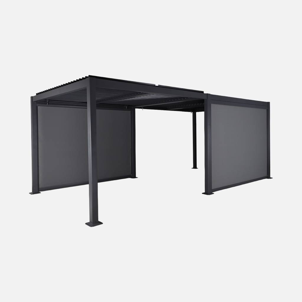 Pergola bioclimatique aluminium et acier 6x3m, 2 stores 3m anthracite