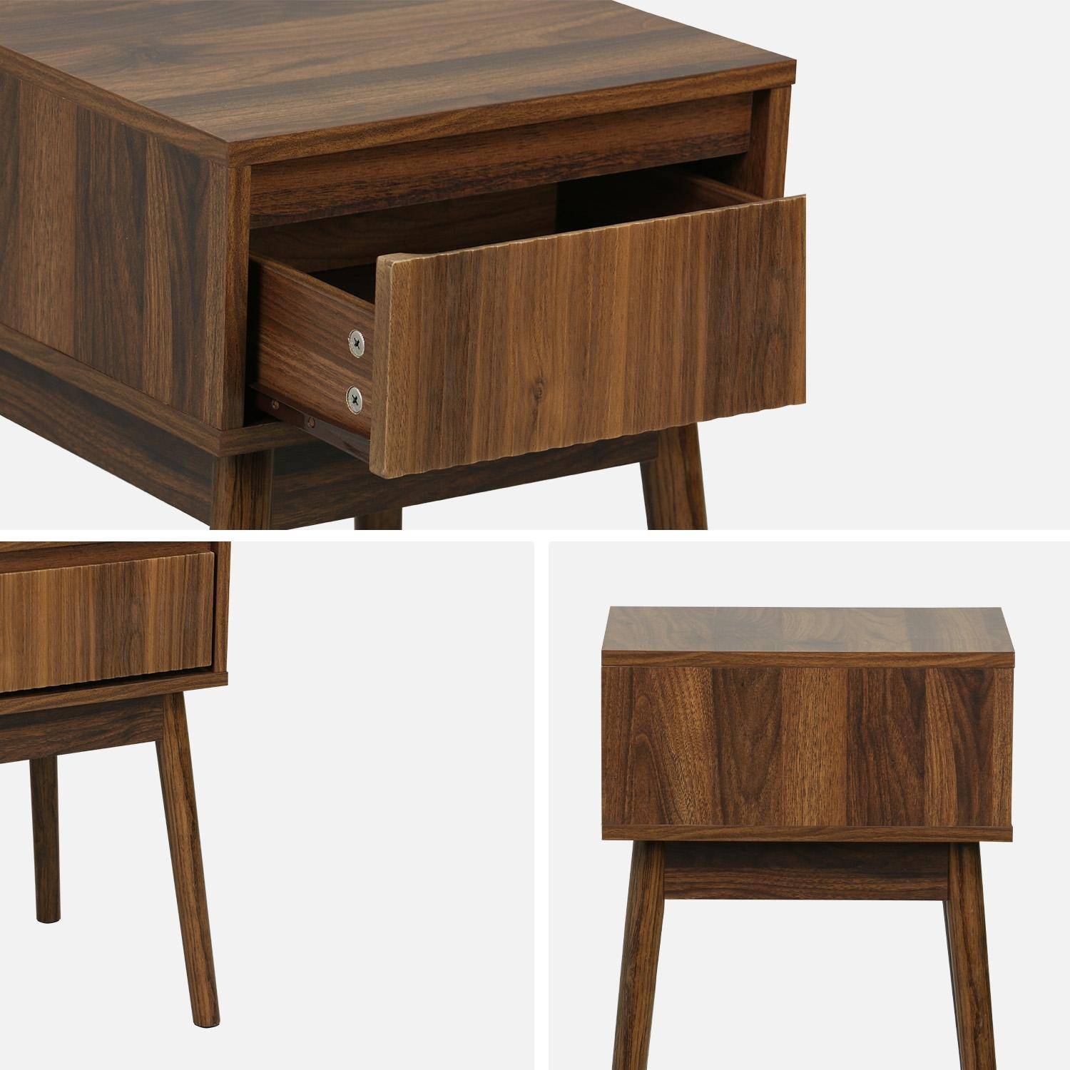 2er-Set Nachttische mit einer Schublade. Nussbaumfarbene laminierte Platten. Füße aus Tannenholz. L 39 x B 39 x H 55,4 cm - Linear Photo5