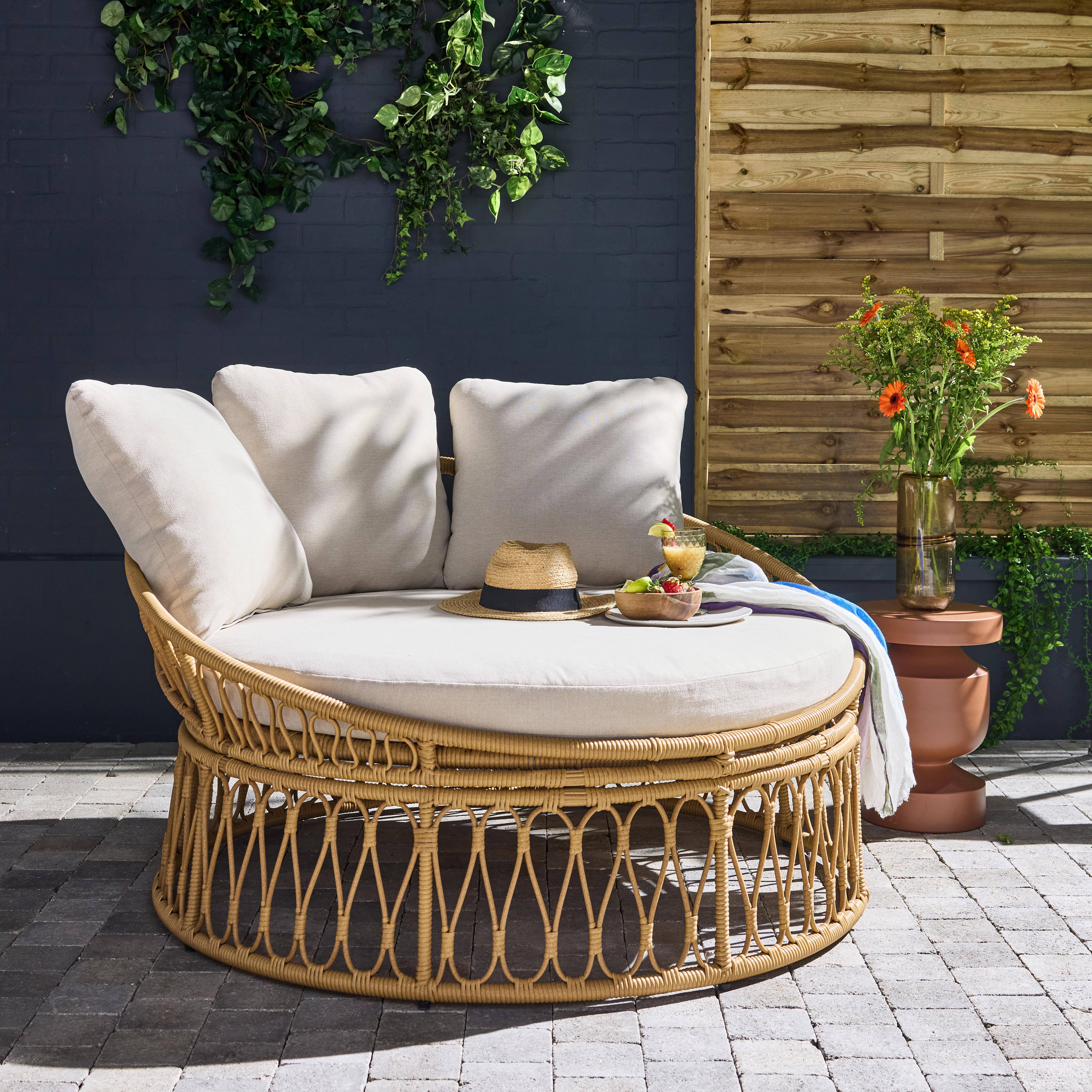 Bain de soleil, lit de jour, lounge extérieur rond acier et imitation rotin naturel et beige 2 places Photo1