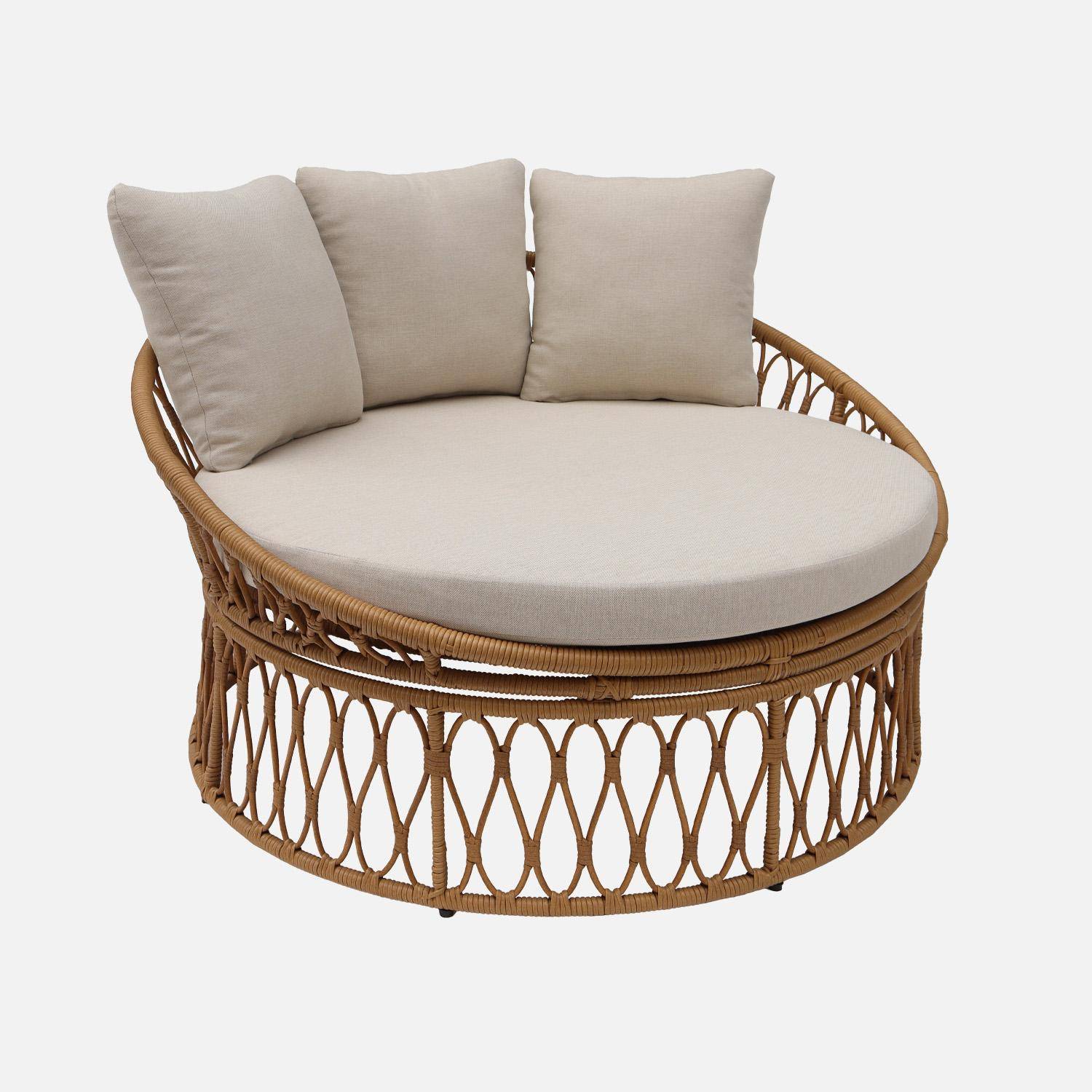 Bain de soleil, lit de jour, lounge extérieur rond acier et imitation rotin naturel et beige 2 places Photo4
